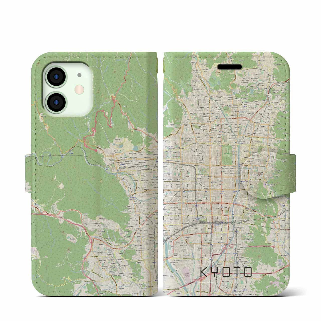 【京都】地図柄iPhoneケース（手帳両面タイプ・ナチュラル）iPhone 12 mini 用