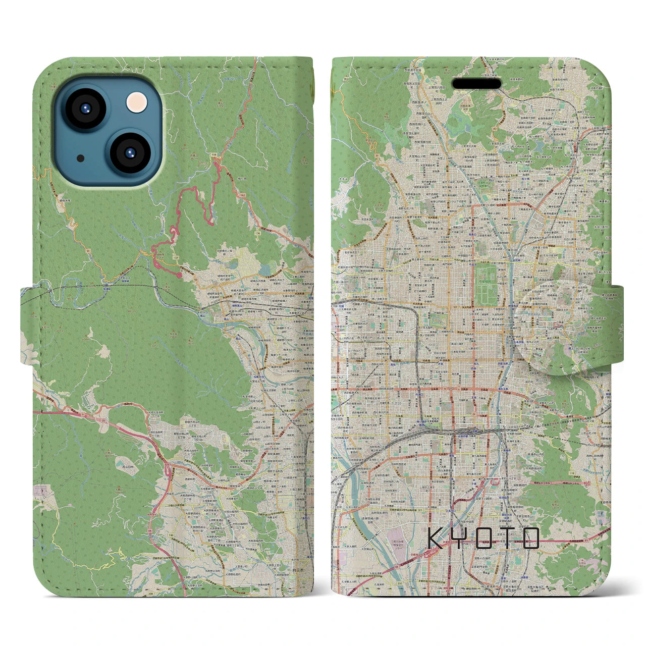 【京都】地図柄iPhoneケース（手帳両面タイプ・ナチュラル）iPhone 13 用