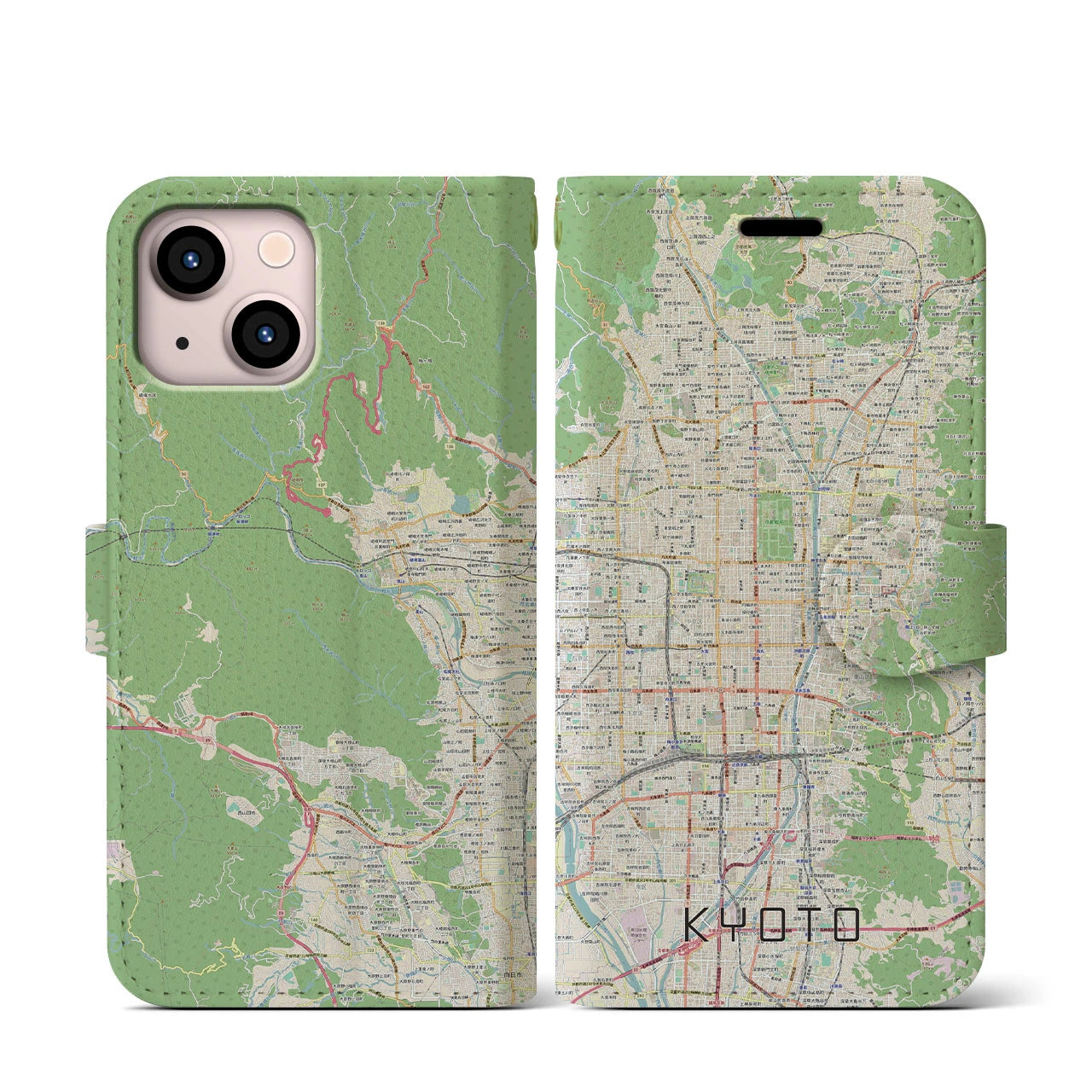 【京都】地図柄iPhoneケース（手帳両面タイプ・ナチュラル）iPhone 13 mini 用