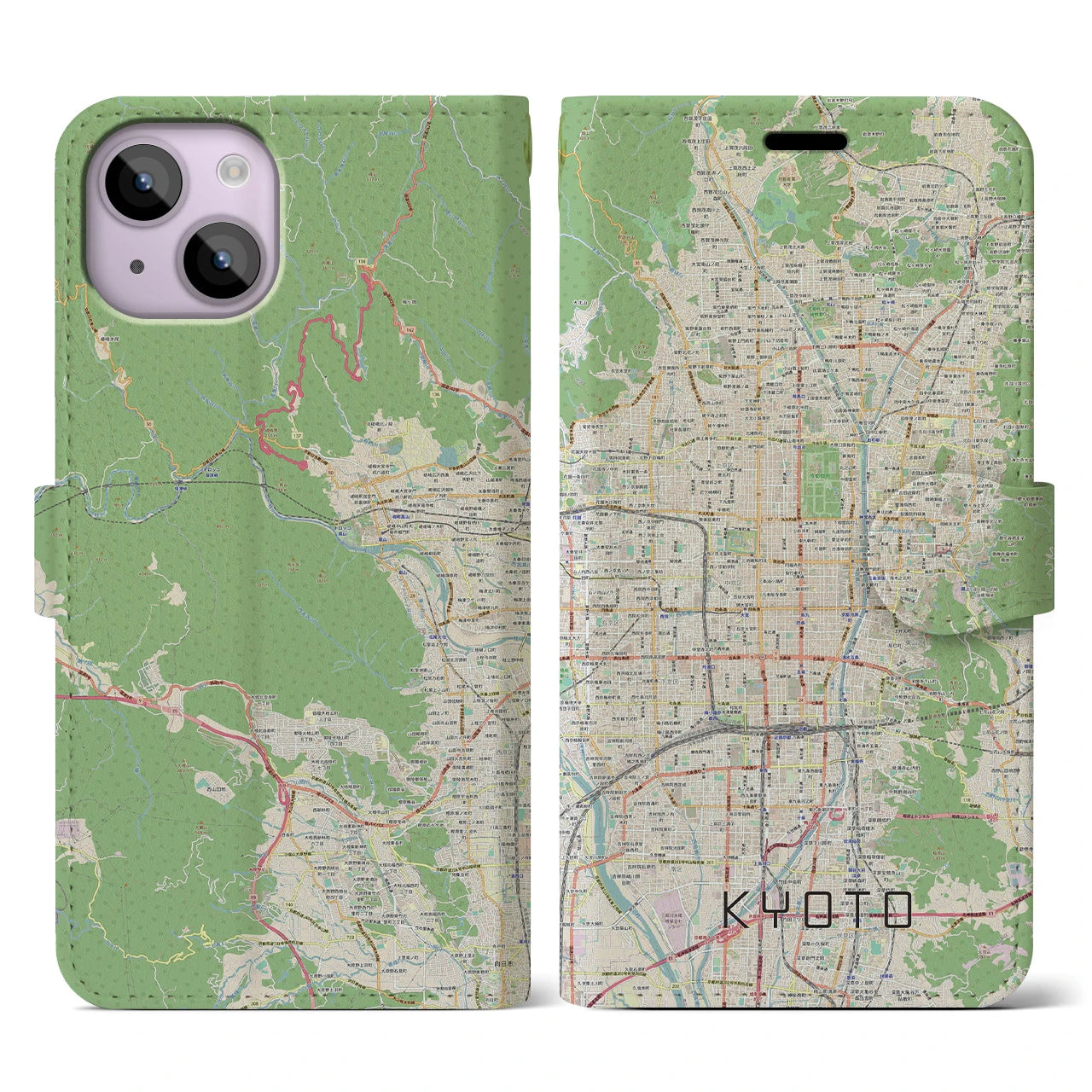 【京都】地図柄iPhoneケース（手帳両面タイプ・ナチュラル）iPhone 14 用