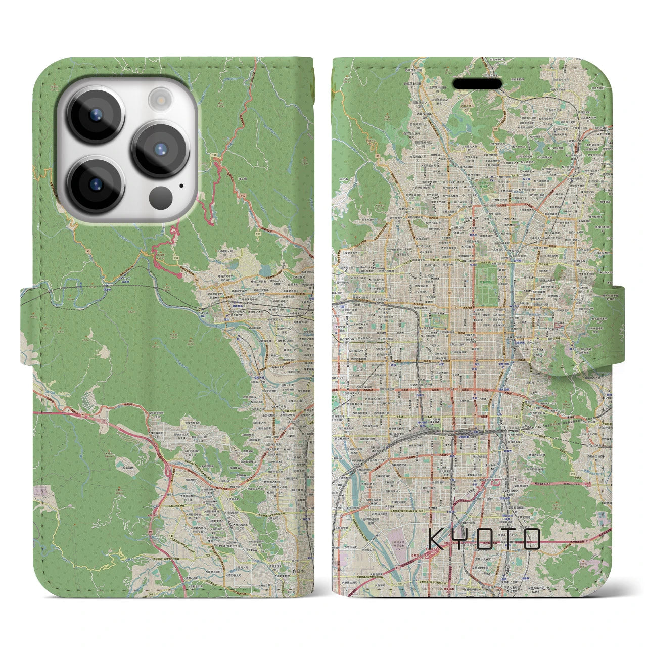 【京都】地図柄iPhoneケース（手帳両面タイプ・ナチュラル）iPhone 14 Pro 用
