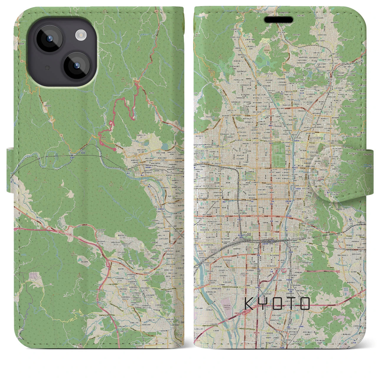 【京都】地図柄iPhoneケース（手帳両面タイプ・ナチュラル）iPhone 14 Plus 用