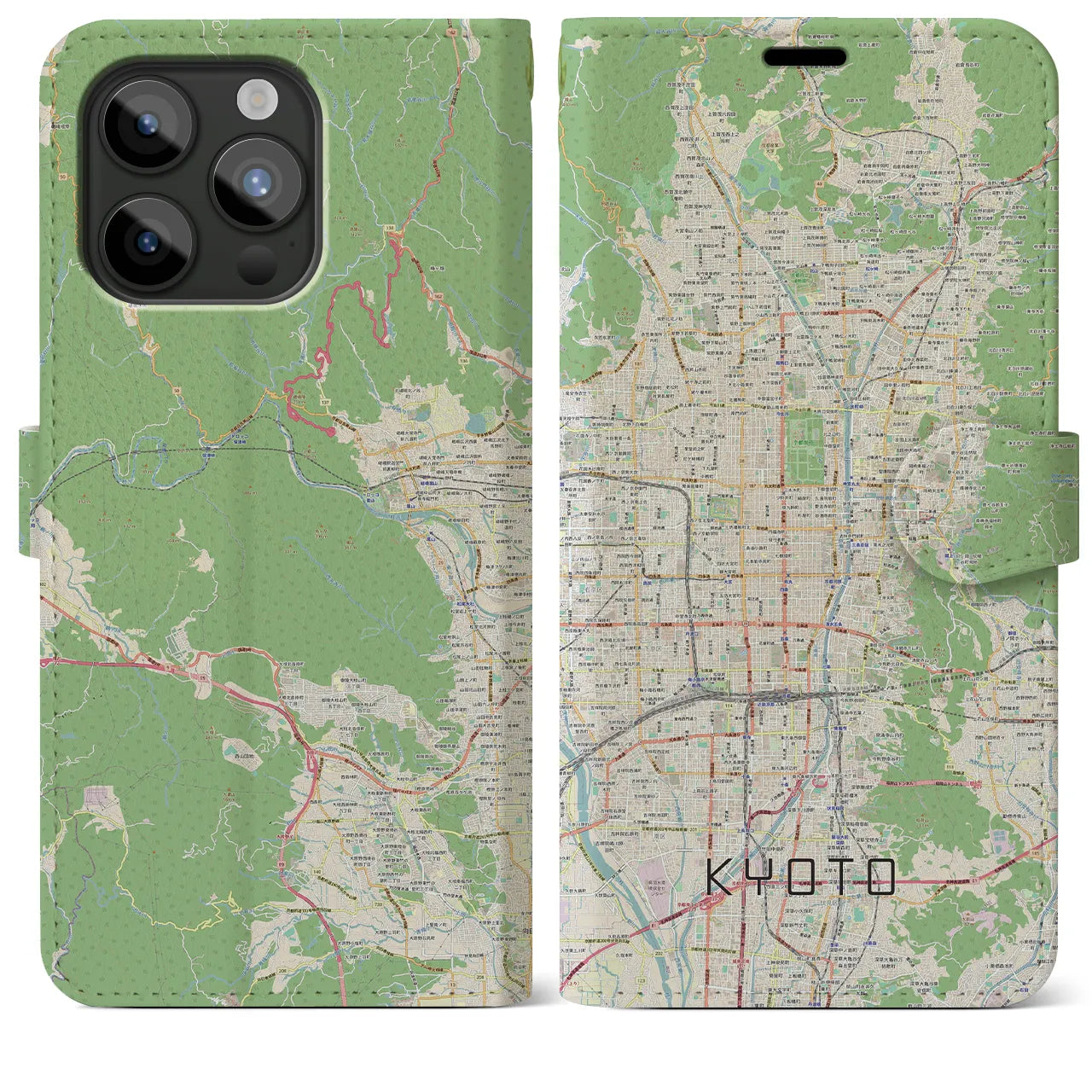 【京都】地図柄iPhoneケース（手帳両面タイプ・ナチュラル）iPhone 15 Pro Max 用