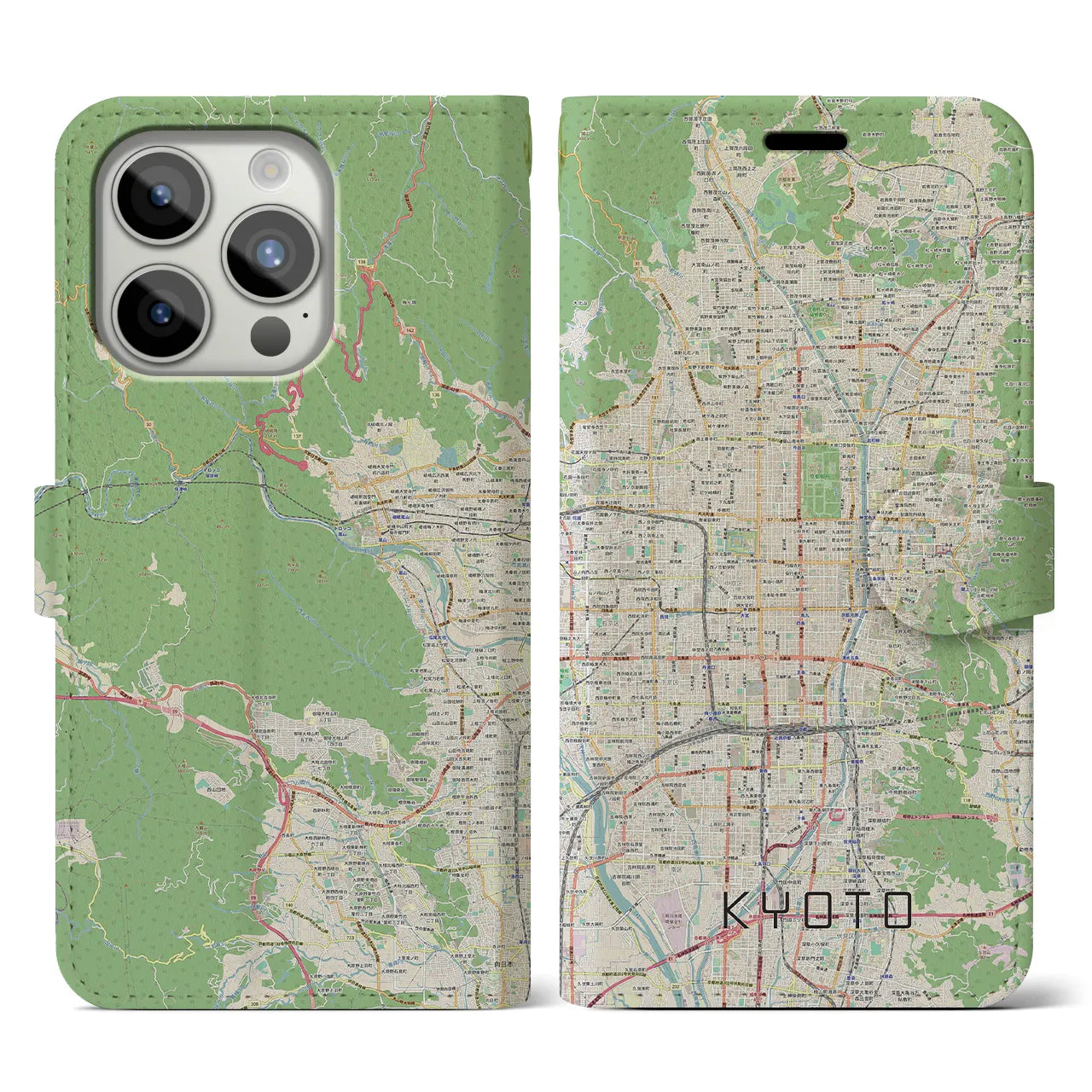 【京都】地図柄iPhoneケース（手帳両面タイプ・ナチュラル）iPhone 15 Pro 用