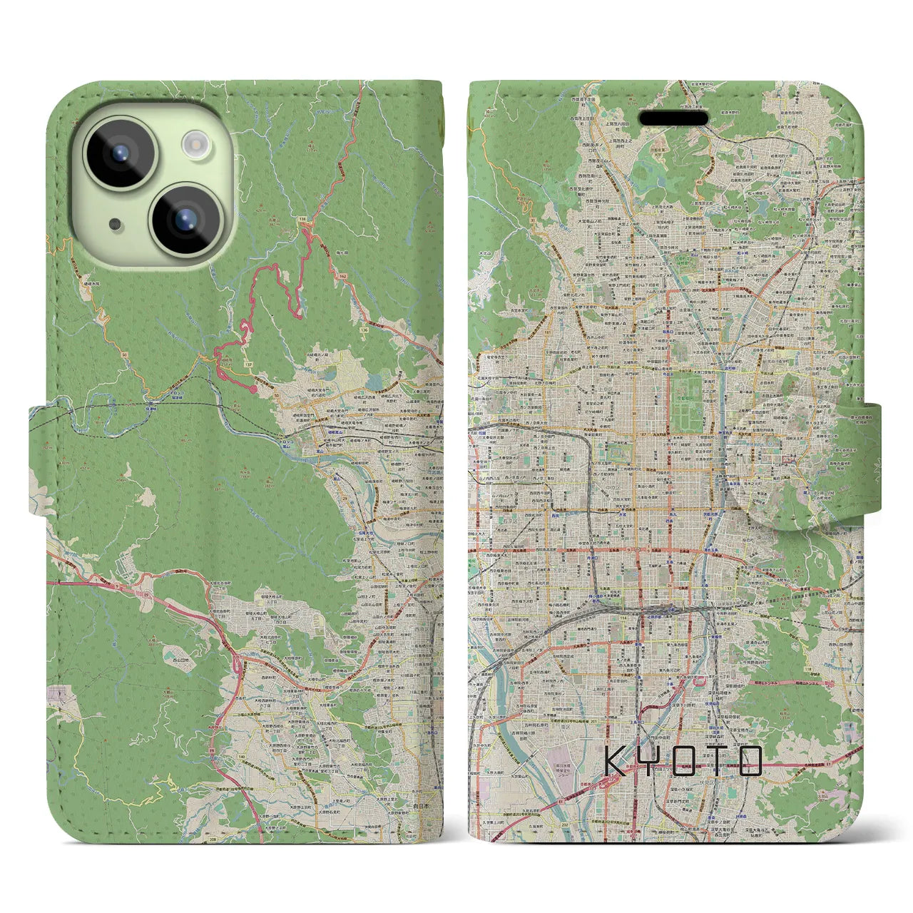 【京都】地図柄iPhoneケース（手帳両面タイプ・ナチュラル）iPhone 15 用