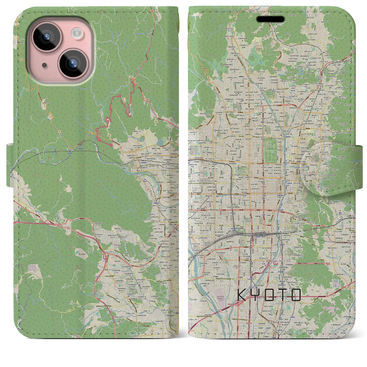 【京都】地図柄iPhoneケース（手帳両面タイプ・ナチュラル）iPhone 15 Plus 用