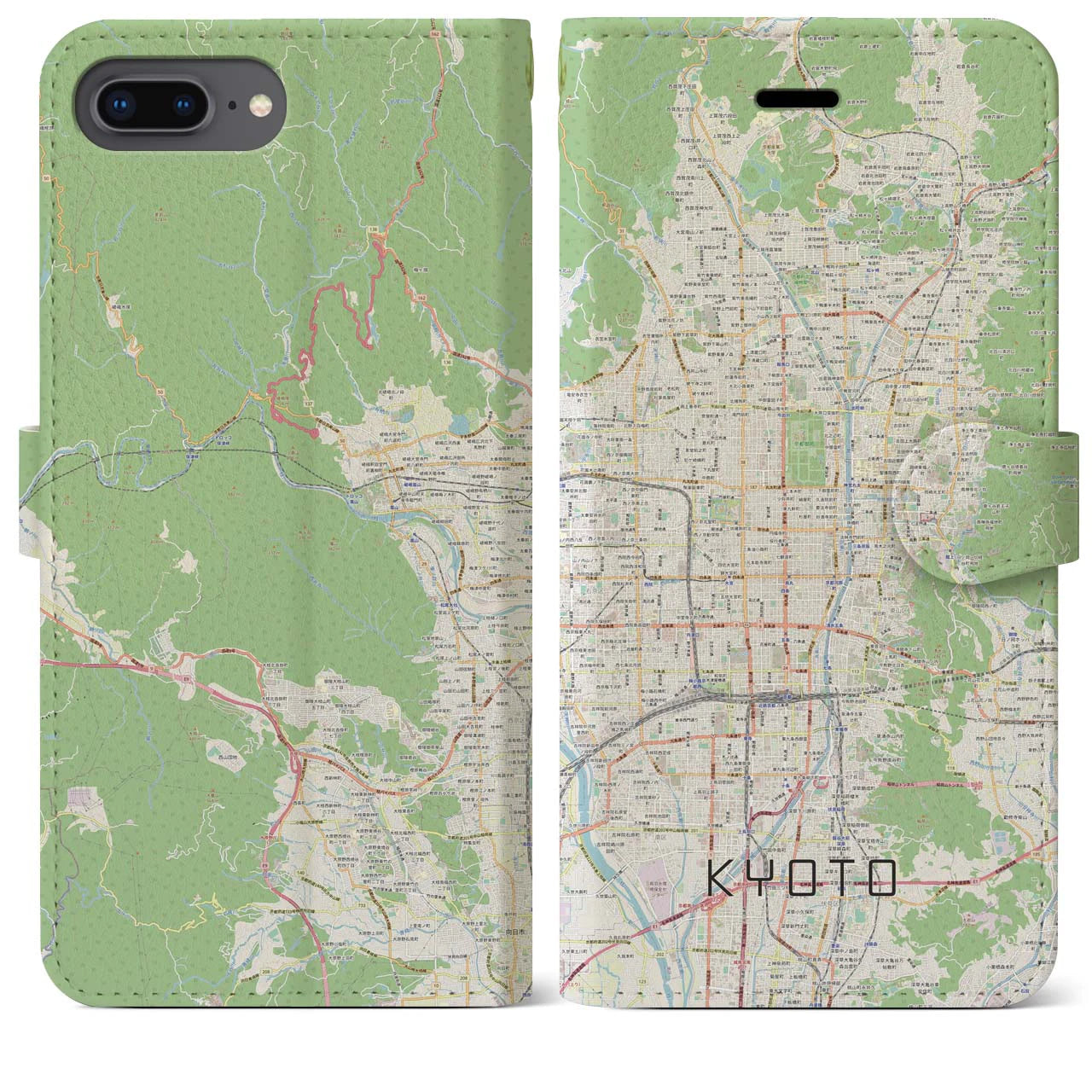 【京都】地図柄iPhoneケース（手帳両面タイプ・ナチュラル）iPhone 8Plus /7Plus / 6sPlus / 6Plus 用