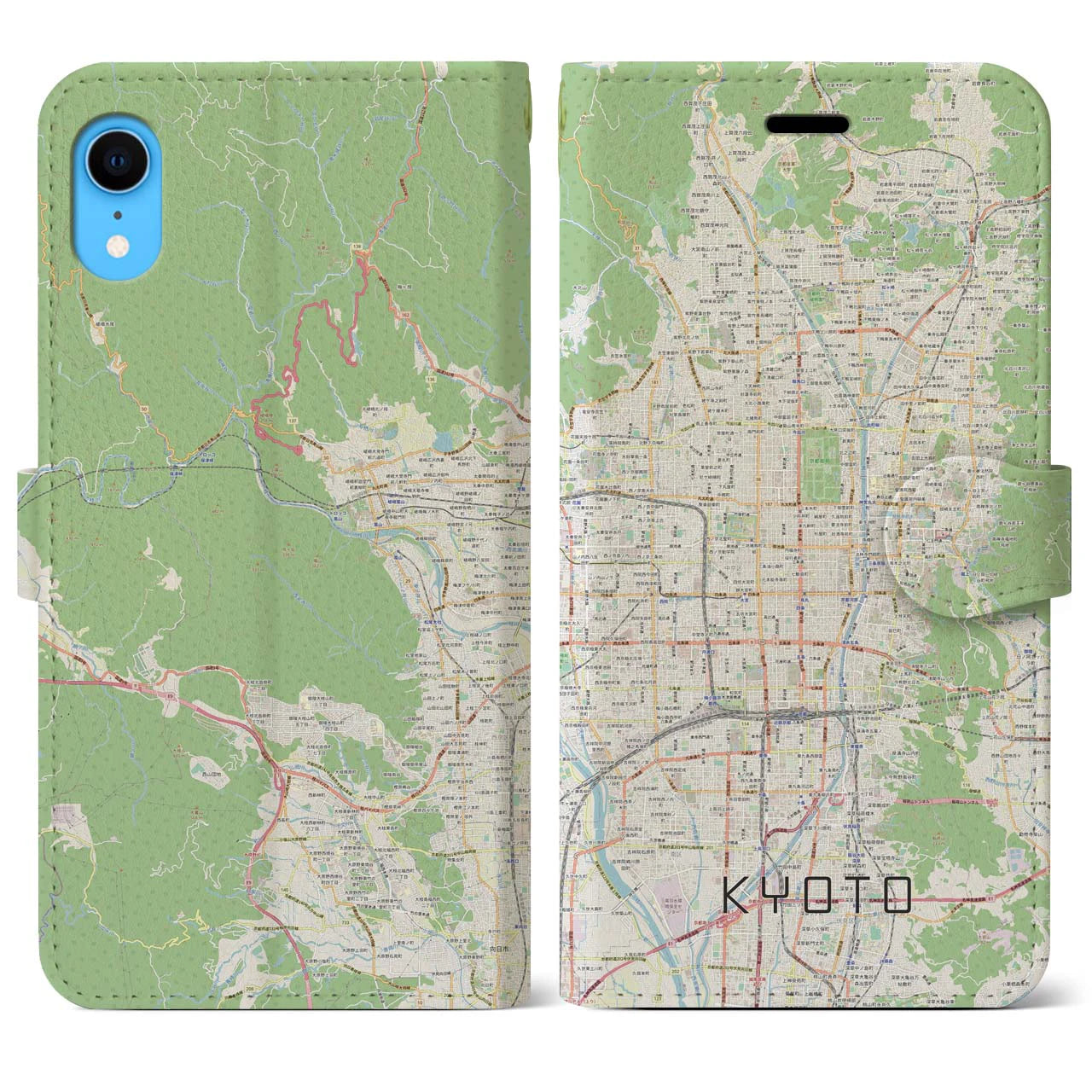【京都】地図柄iPhoneケース（手帳両面タイプ・ナチュラル）iPhone XR 用