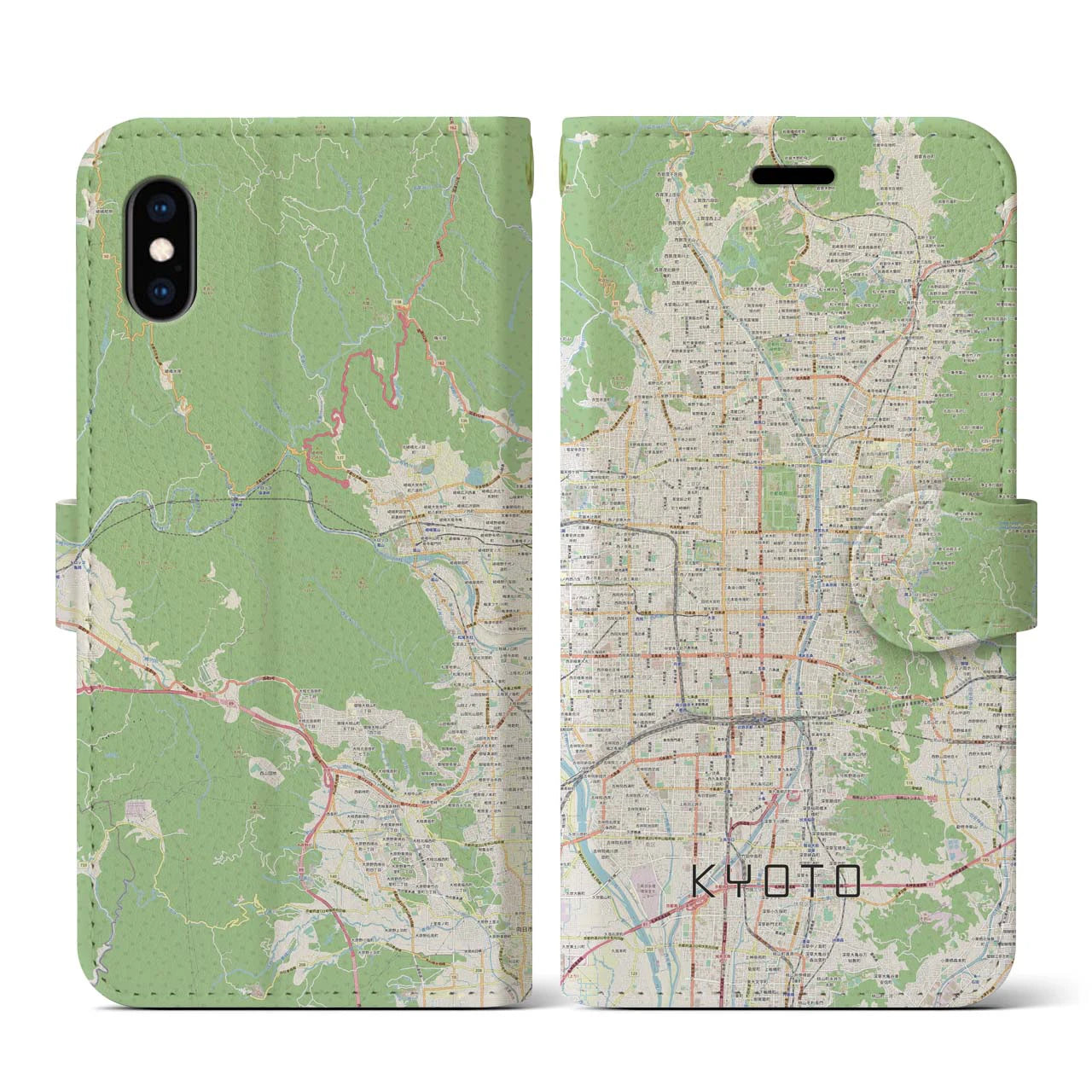 【京都】地図柄iPhoneケース（手帳両面タイプ・ナチュラル）iPhone XS / X 用