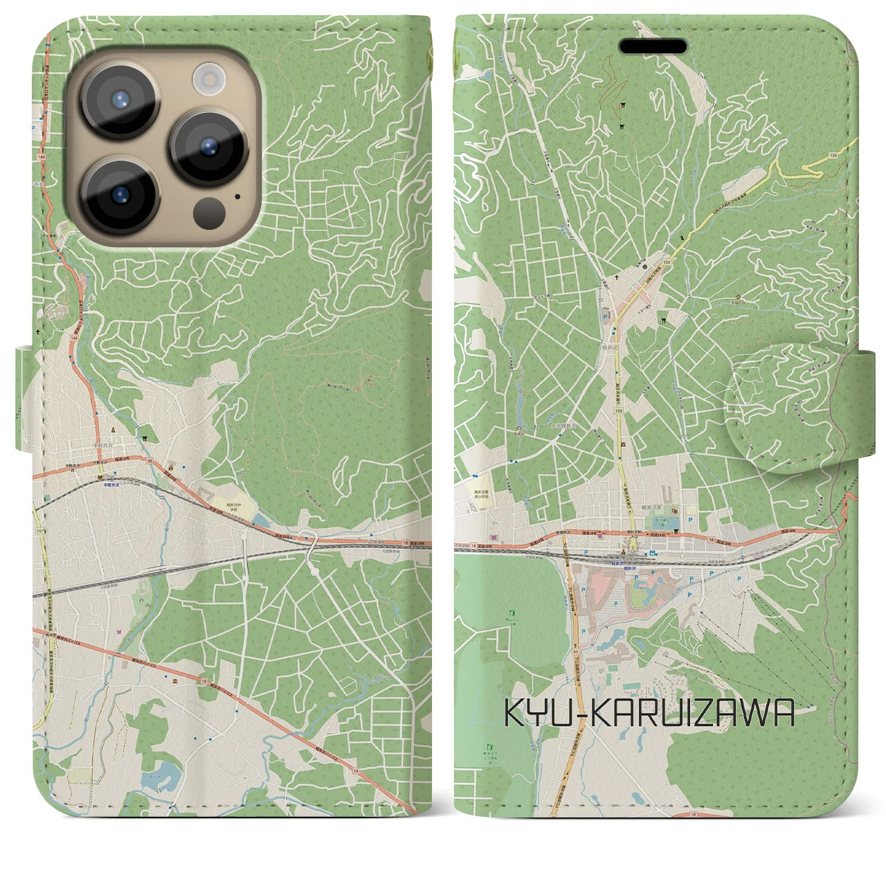 【旧軽井沢】地図柄iPhoneケース（手帳両面タイプ・ナチュラル）iPhone 14 Pro Max 用