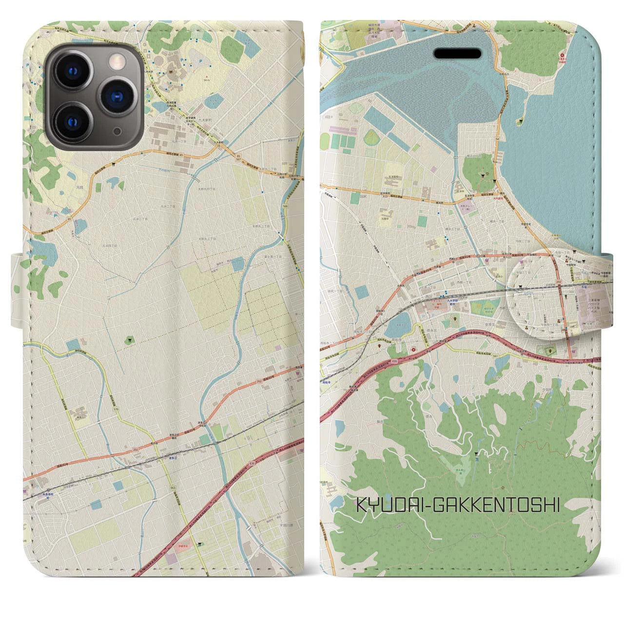 【九大学研都市】地図柄iPhoneケース（手帳両面タイプ・ナチュラル）iPhone 11 Pro Max 用