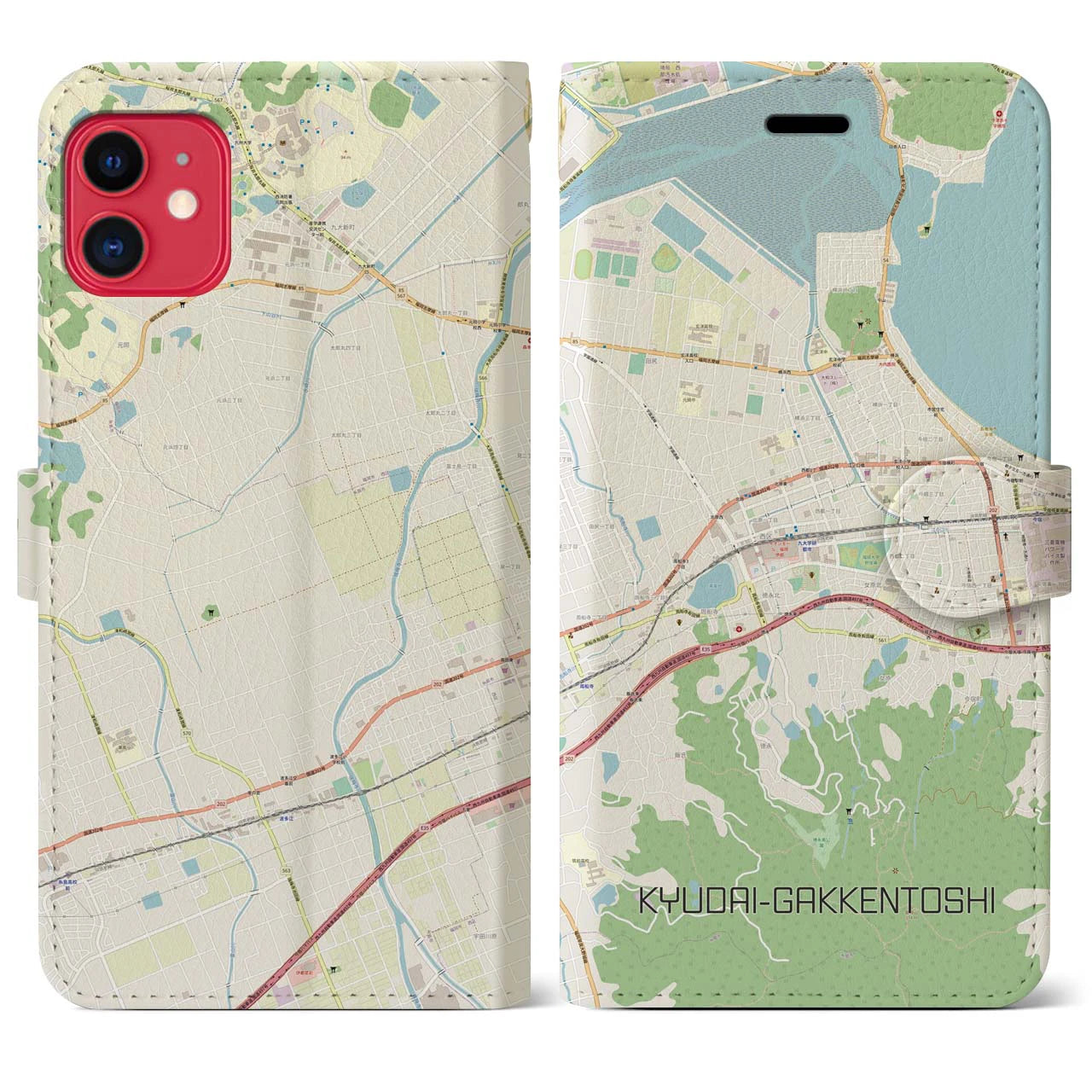 【九大学研都市】地図柄iPhoneケース（手帳両面タイプ・ナチュラル）iPhone 11 用