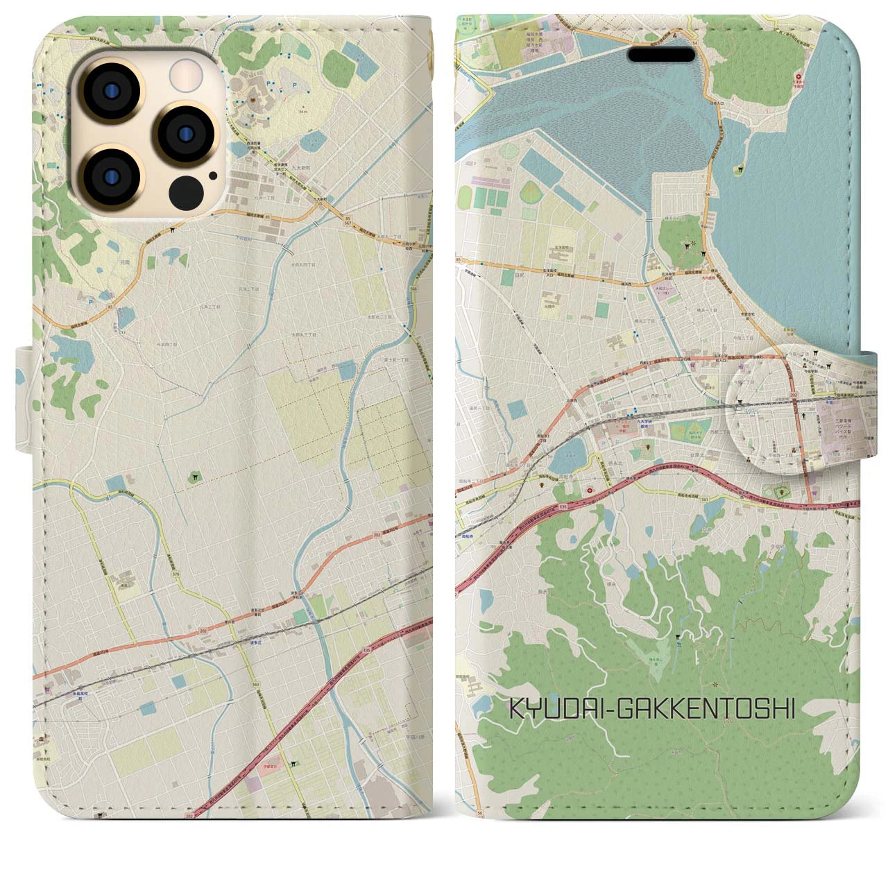 【九大学研都市】地図柄iPhoneケース（手帳両面タイプ・ナチュラル）iPhone 12 Pro Max 用