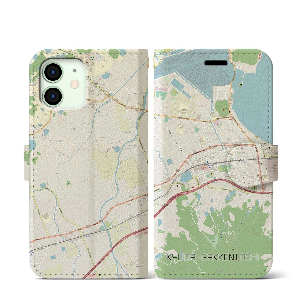 【九大学研都市】地図柄iPhoneケース（手帳両面タイプ・ナチュラル）iPhone 12 mini 用