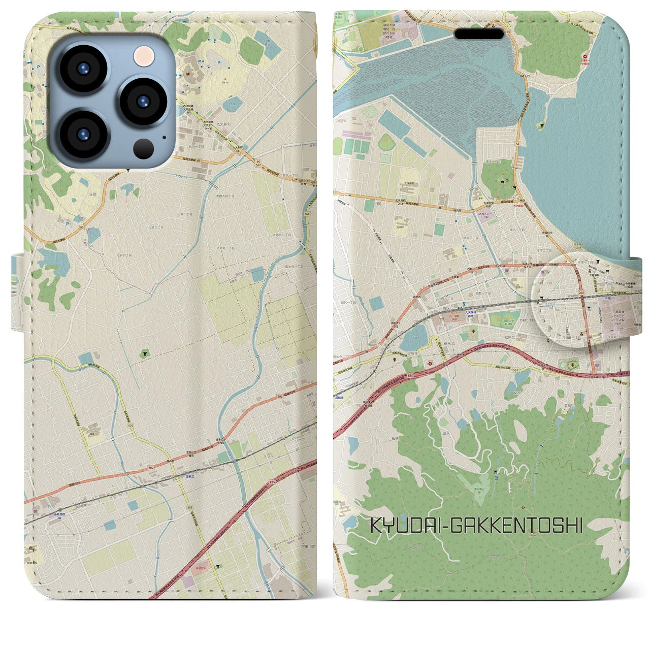 【九大学研都市】地図柄iPhoneケース（手帳両面タイプ・ナチュラル）iPhone 13 Pro Max 用