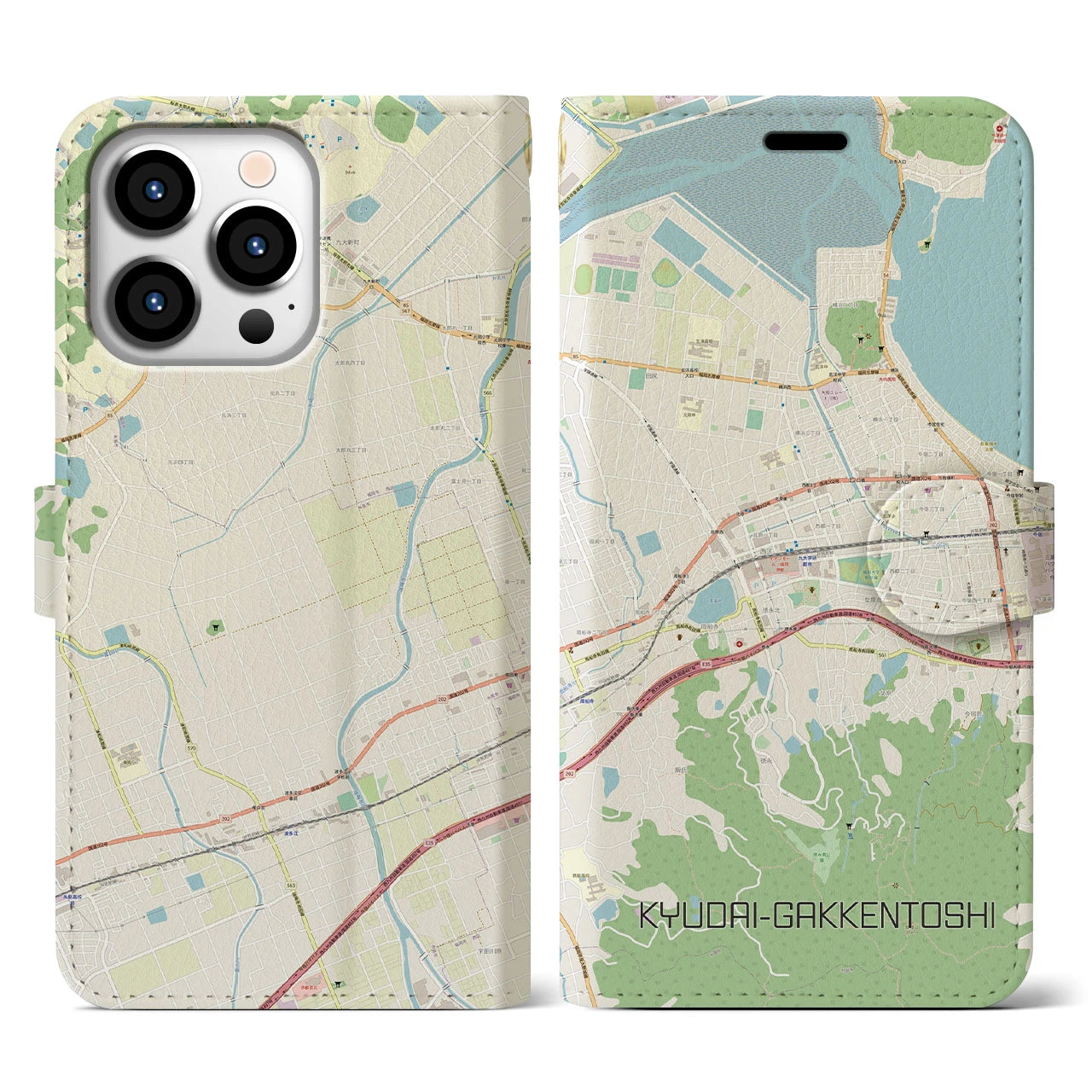 【九大学研都市】地図柄iPhoneケース（手帳両面タイプ・ナチュラル）iPhone 13 Pro 用