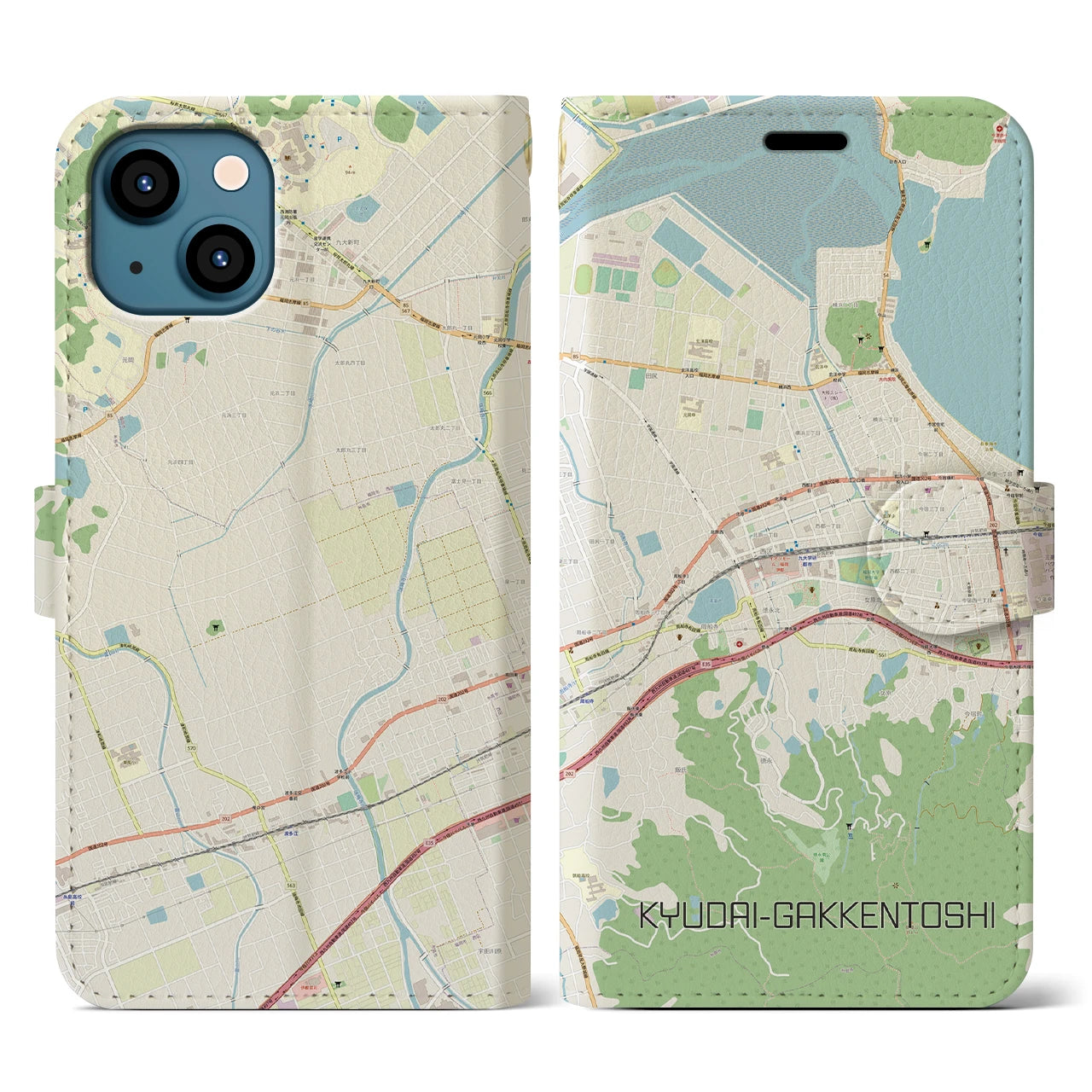 【九大学研都市】地図柄iPhoneケース（手帳両面タイプ・ナチュラル）iPhone 13 用