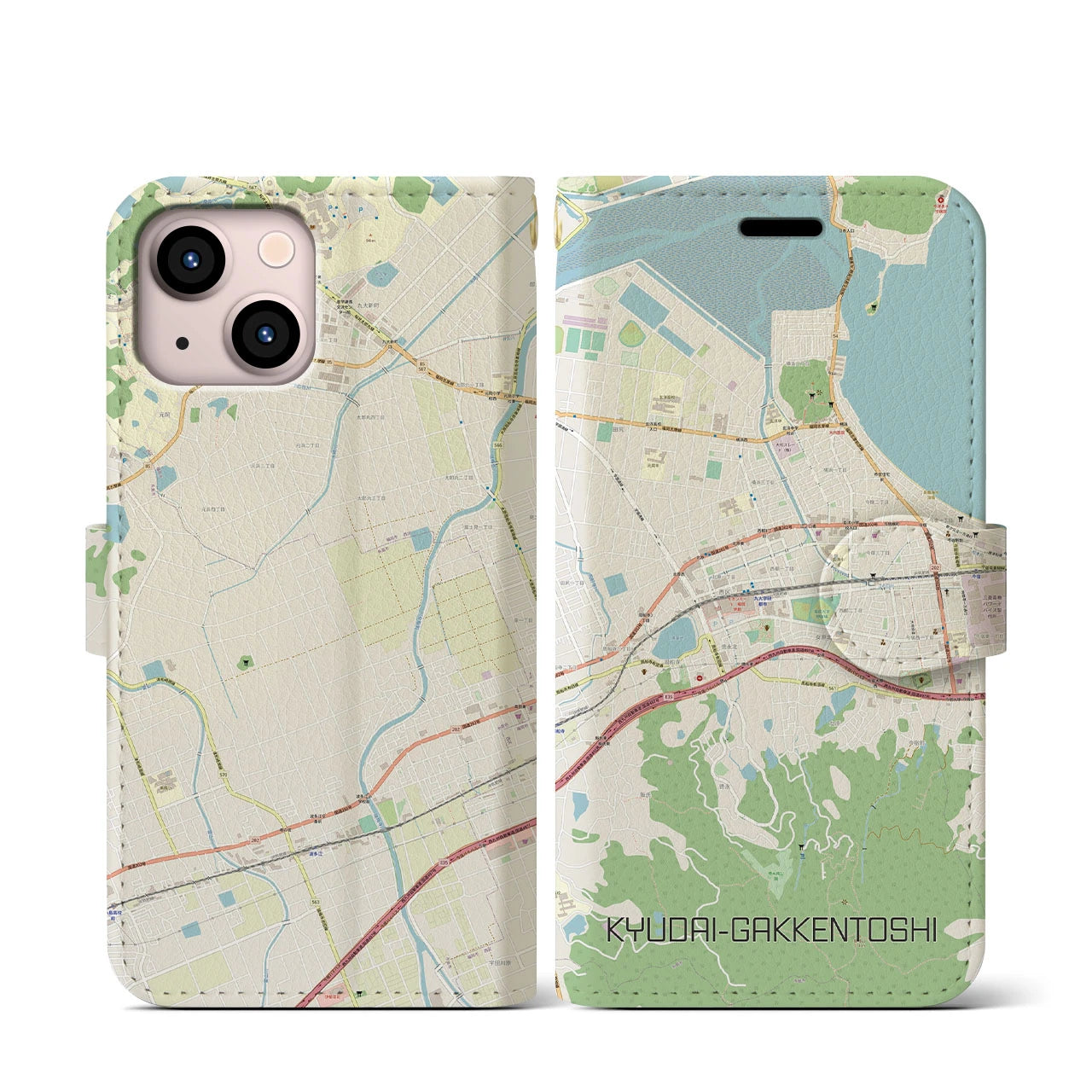 【九大学研都市】地図柄iPhoneケース（手帳両面タイプ・ナチュラル）iPhone 13 mini 用
