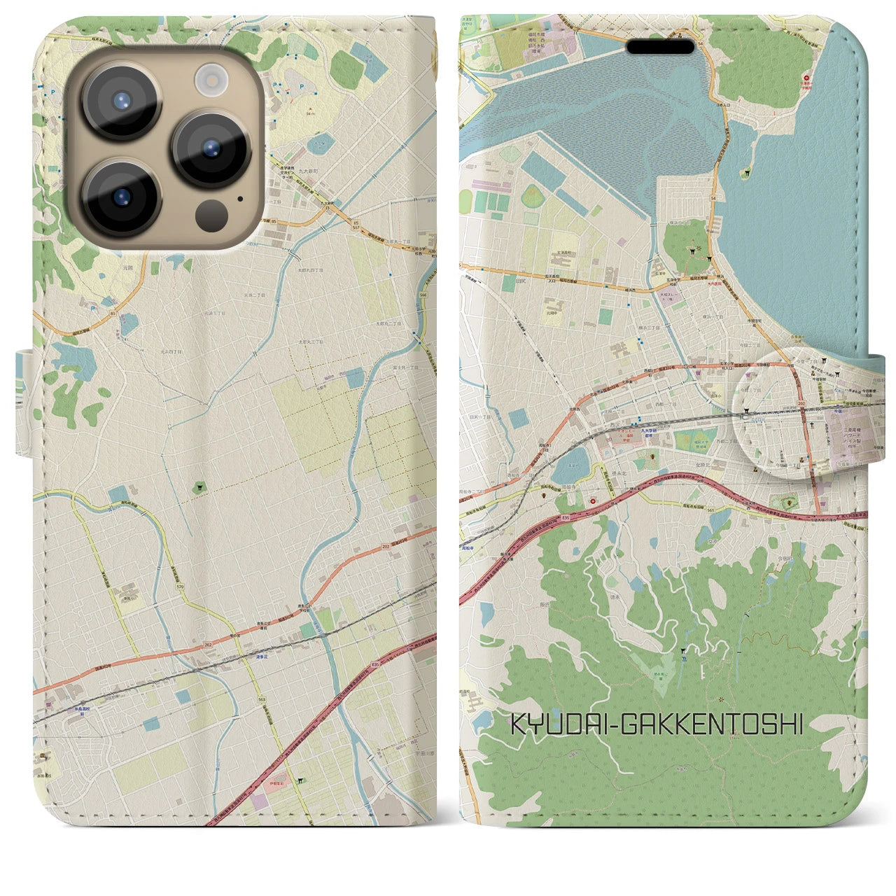 【九大学研都市】地図柄iPhoneケース（手帳両面タイプ・ナチュラル）iPhone 14 Pro Max 用