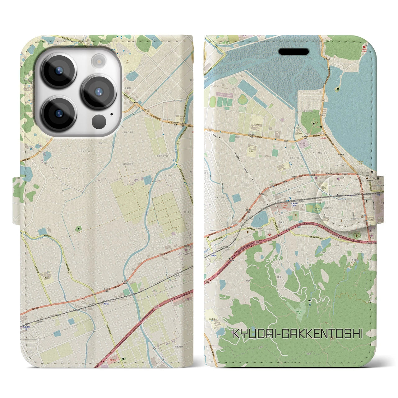 【九大学研都市】地図柄iPhoneケース（手帳両面タイプ・ナチュラル）iPhone 14 Pro 用