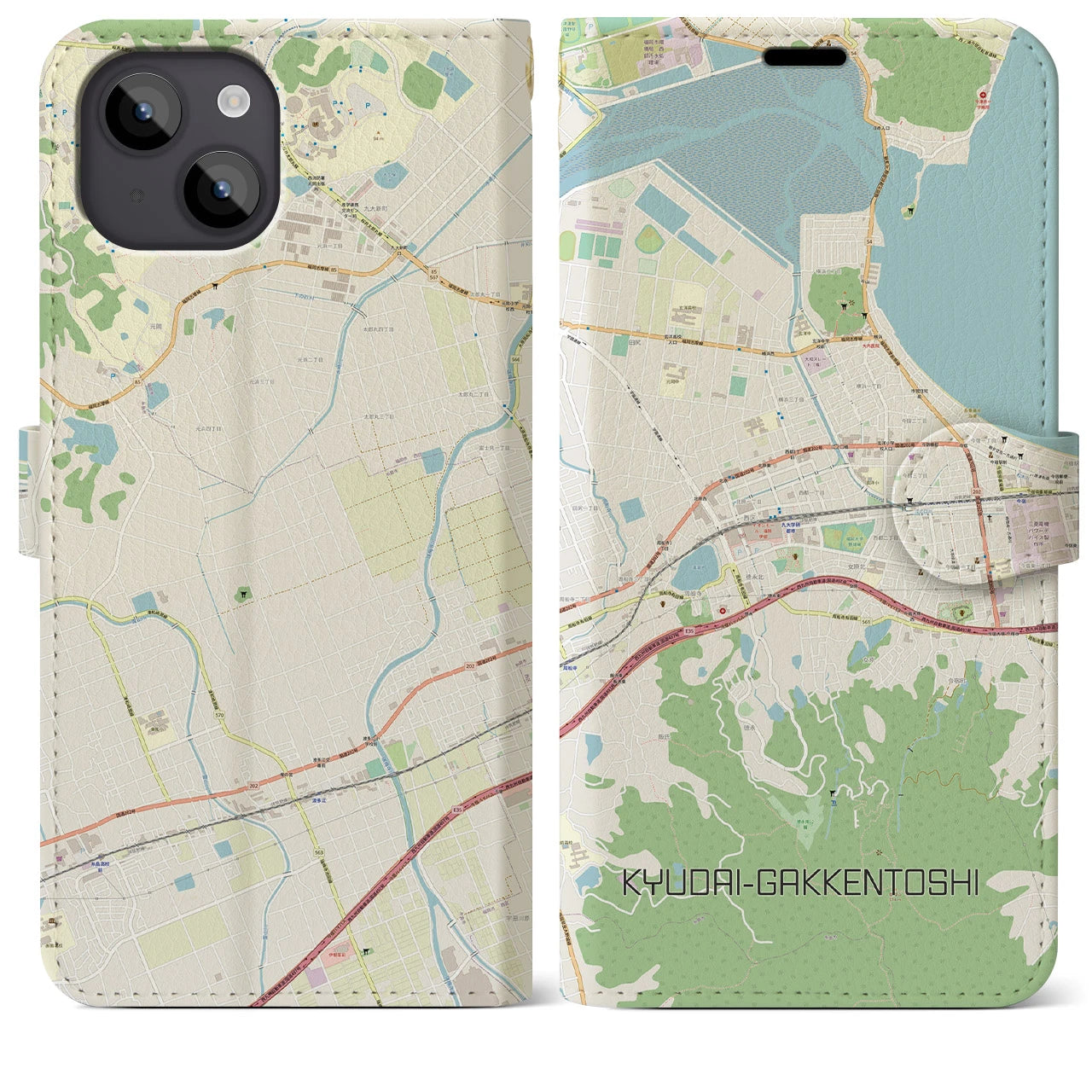 【九大学研都市】地図柄iPhoneケース（手帳両面タイプ・ナチュラル）iPhone 14 Plus 用
