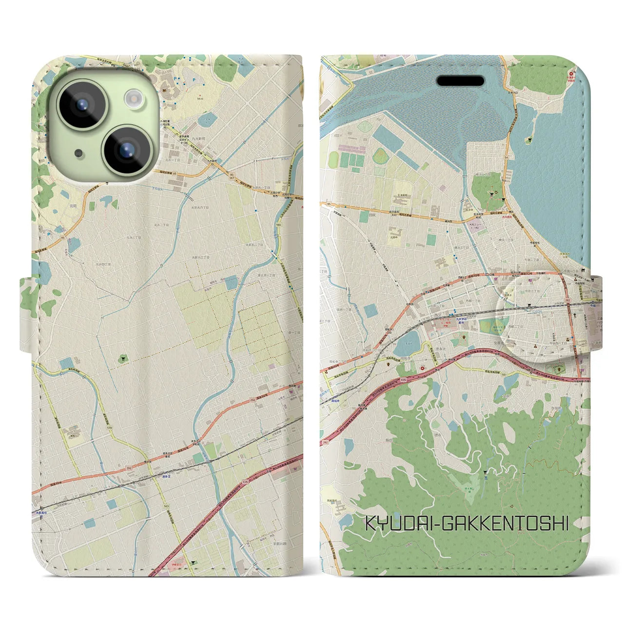 【九大学研都市】地図柄iPhoneケース（手帳両面タイプ・ナチュラル）iPhone 15 用
