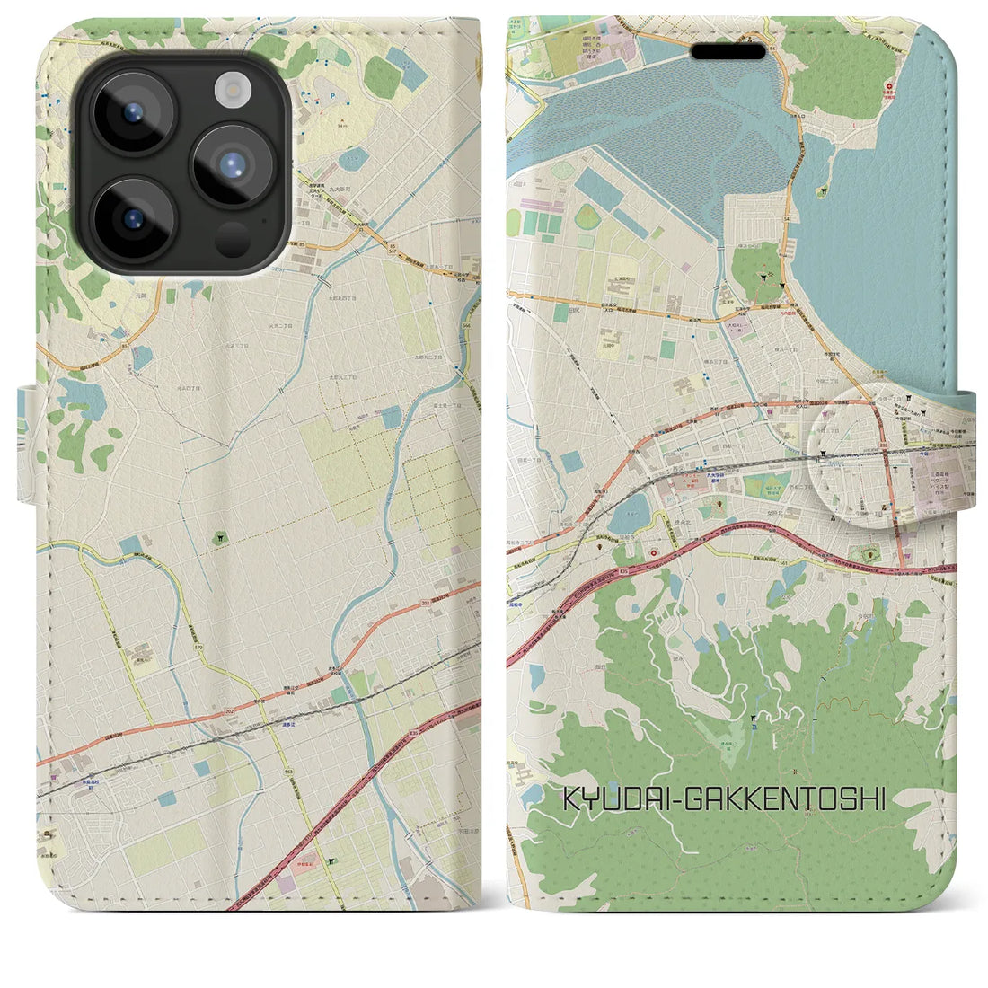 【九大学研都市】地図柄iPhoneケース（手帳両面タイプ・ナチュラル）iPhone 15 Pro Max 用