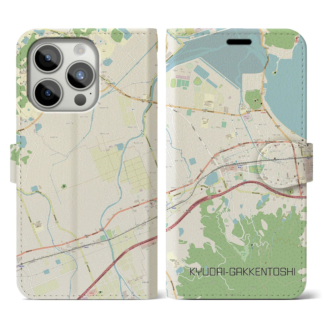 【九大学研都市】地図柄iPhoneケース（手帳両面タイプ・ナチュラル）iPhone 15 Pro 用