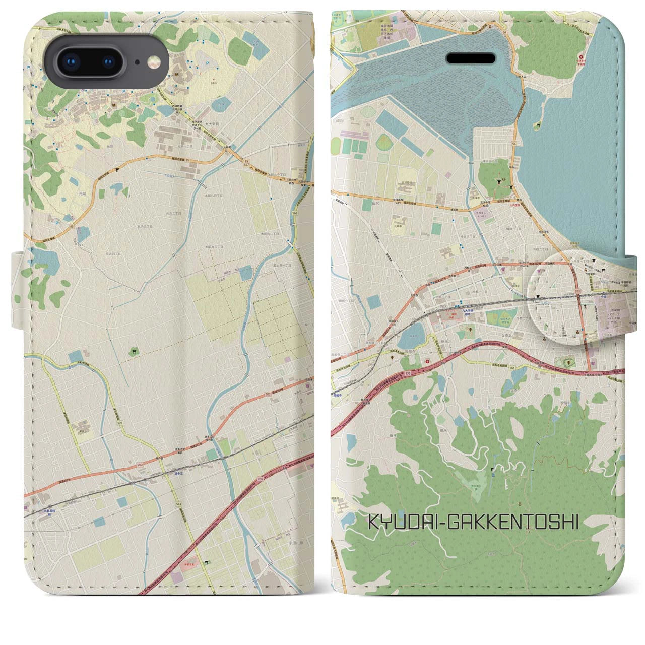 【九大学研都市】地図柄iPhoneケース（手帳両面タイプ・ナチュラル）iPhone 8Plus /7Plus / 6sPlus / 6Plus 用