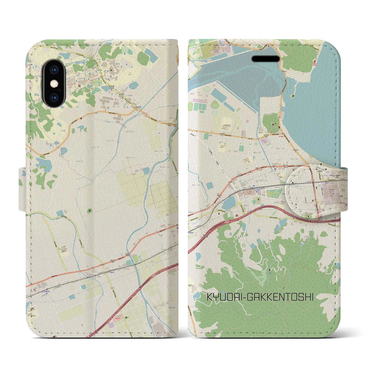 【九大学研都市】地図柄iPhoneケース（手帳両面タイプ・ナチュラル）iPhone XS / X 用