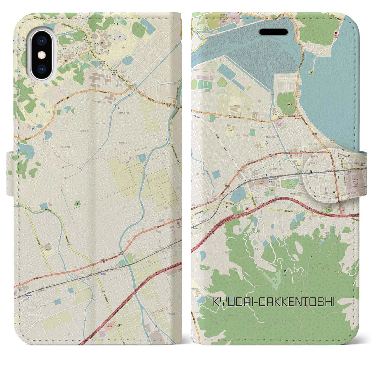 【九大学研都市】地図柄iPhoneケース（手帳両面タイプ・ナチュラル）iPhone XS Max 用