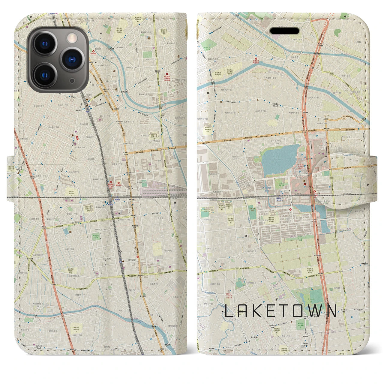 【越谷レイクタウン】地図柄iPhoneケース（手帳両面タイプ・ナチュラル）iPhone 11 Pro Max 用