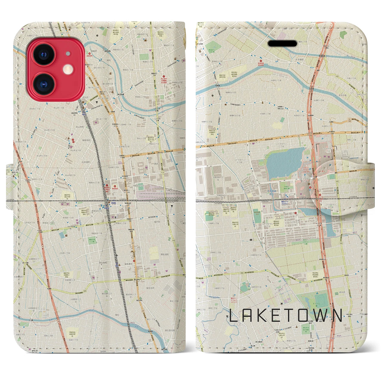 【越谷レイクタウン】地図柄iPhoneケース（手帳両面タイプ・ナチュラル）iPhone 11 用