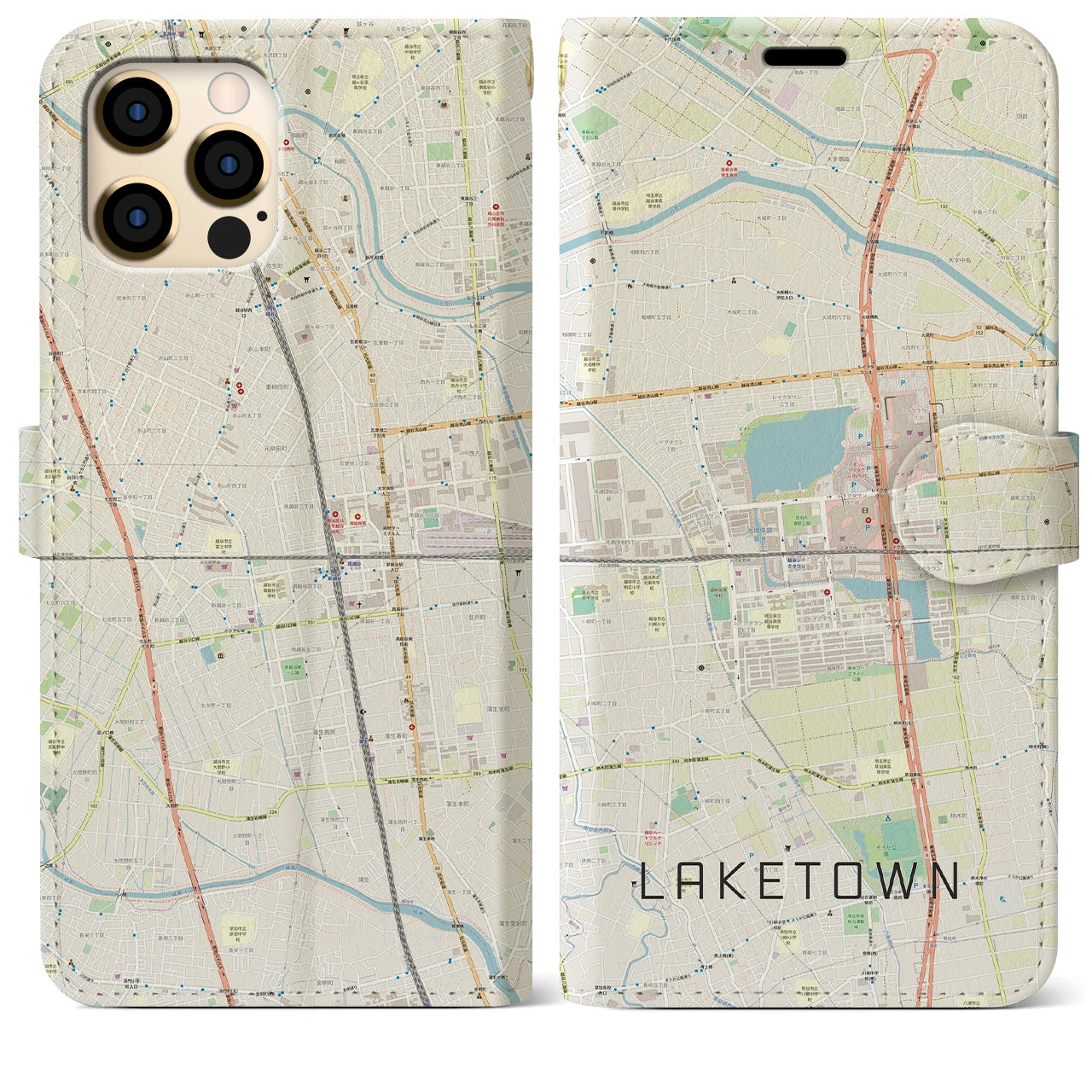 【越谷レイクタウン】地図柄iPhoneケース（手帳両面タイプ・ナチュラル）iPhone 12 Pro Max 用
