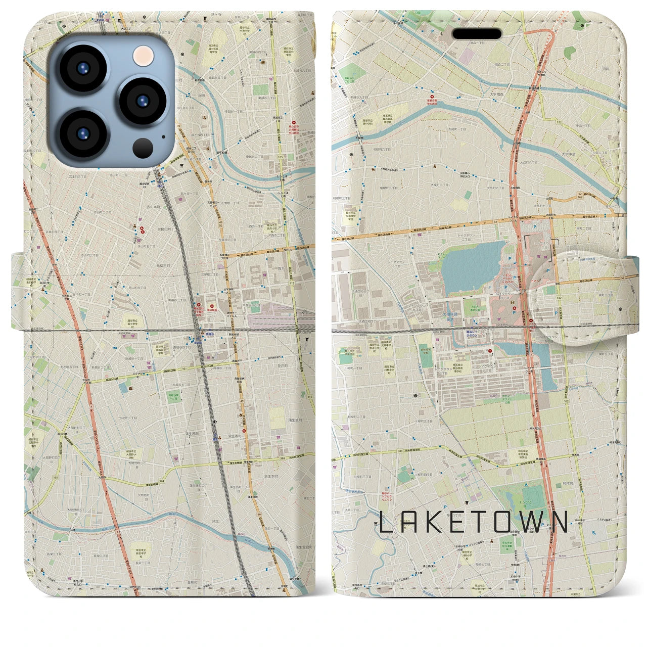 【越谷レイクタウン】地図柄iPhoneケース（手帳両面タイプ・ナチュラル）iPhone 13 Pro Max 用