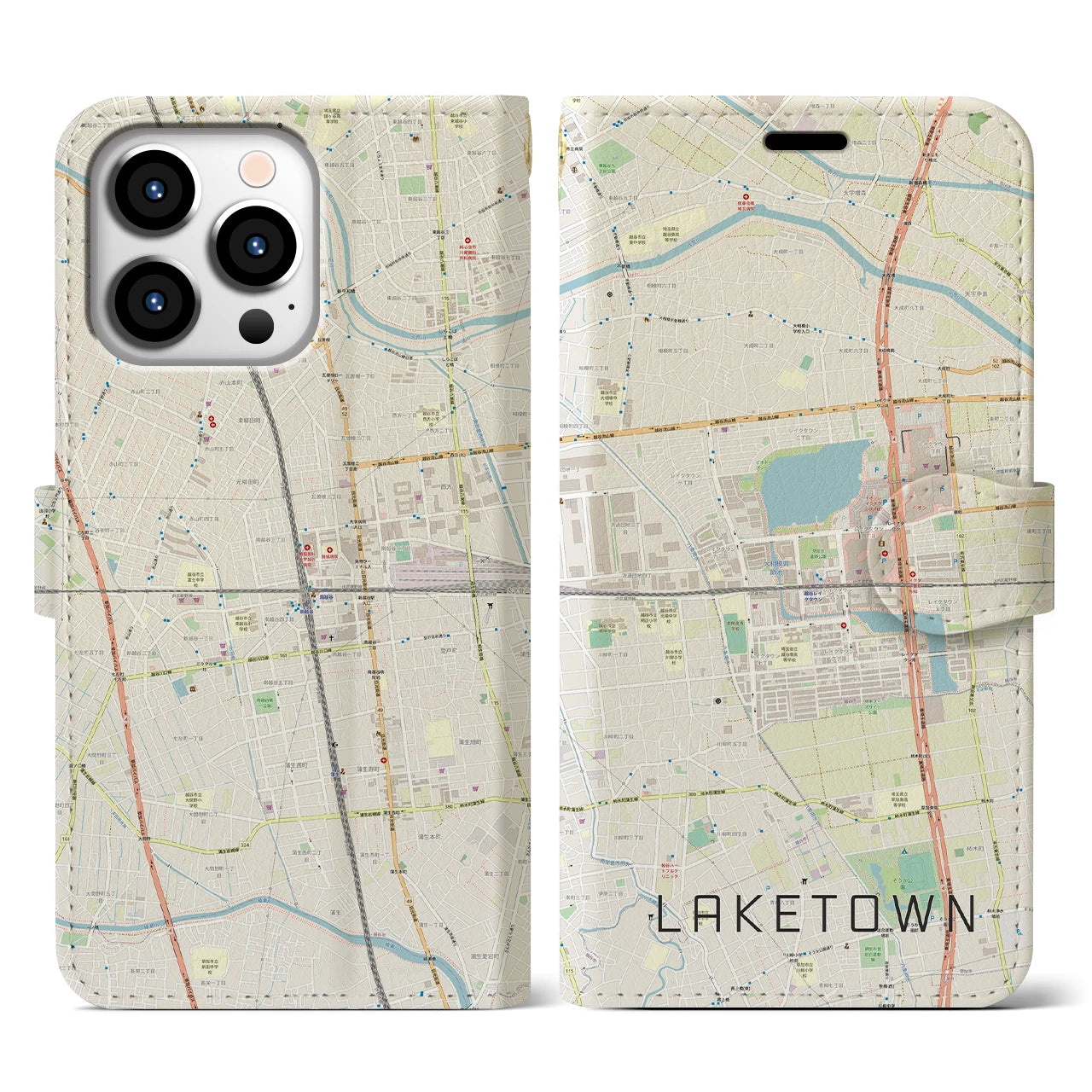 【越谷レイクタウン】地図柄iPhoneケース（手帳両面タイプ・ナチュラル）iPhone 13 Pro 用