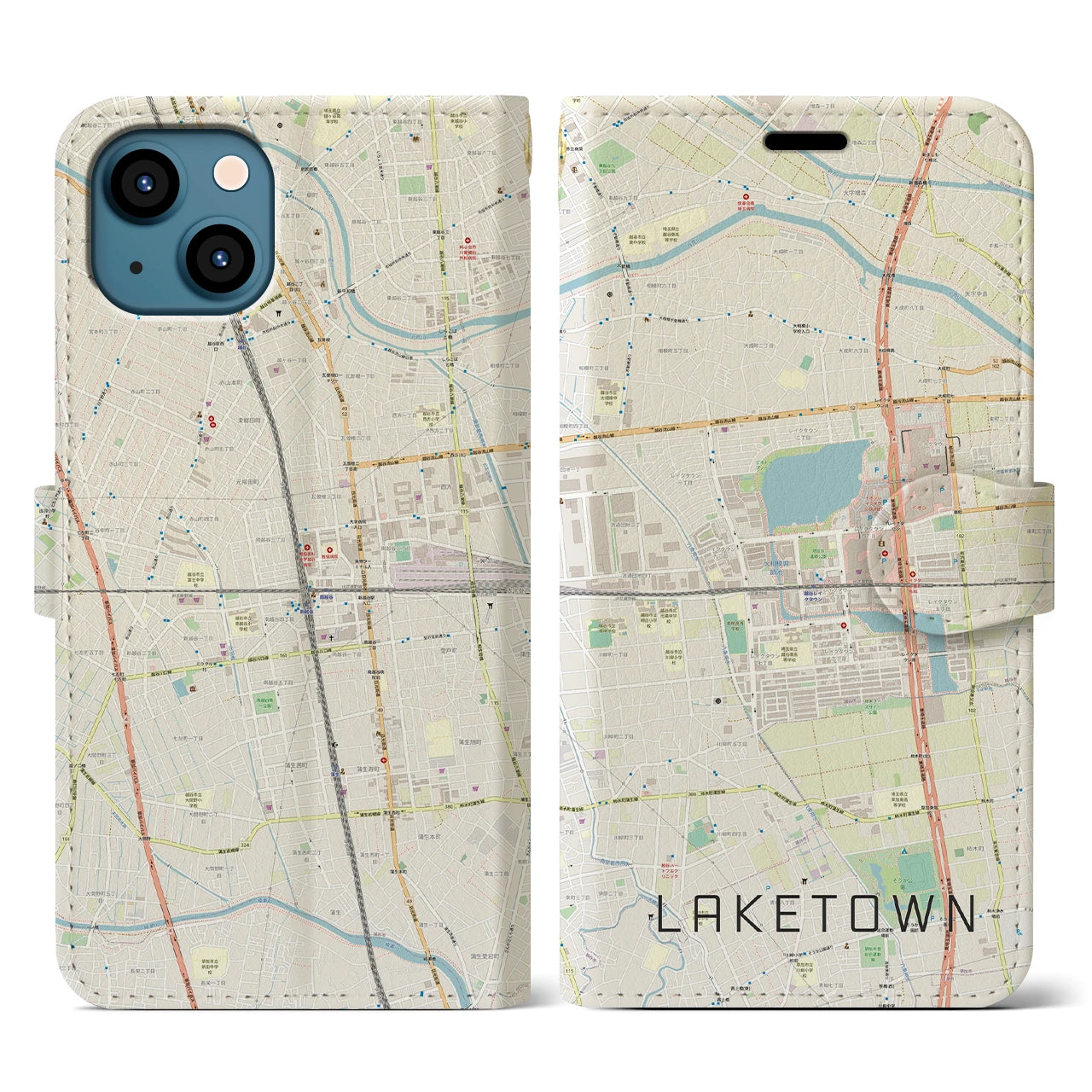 【越谷レイクタウン】地図柄iPhoneケース（手帳両面タイプ・ナチュラル）iPhone 13 用
