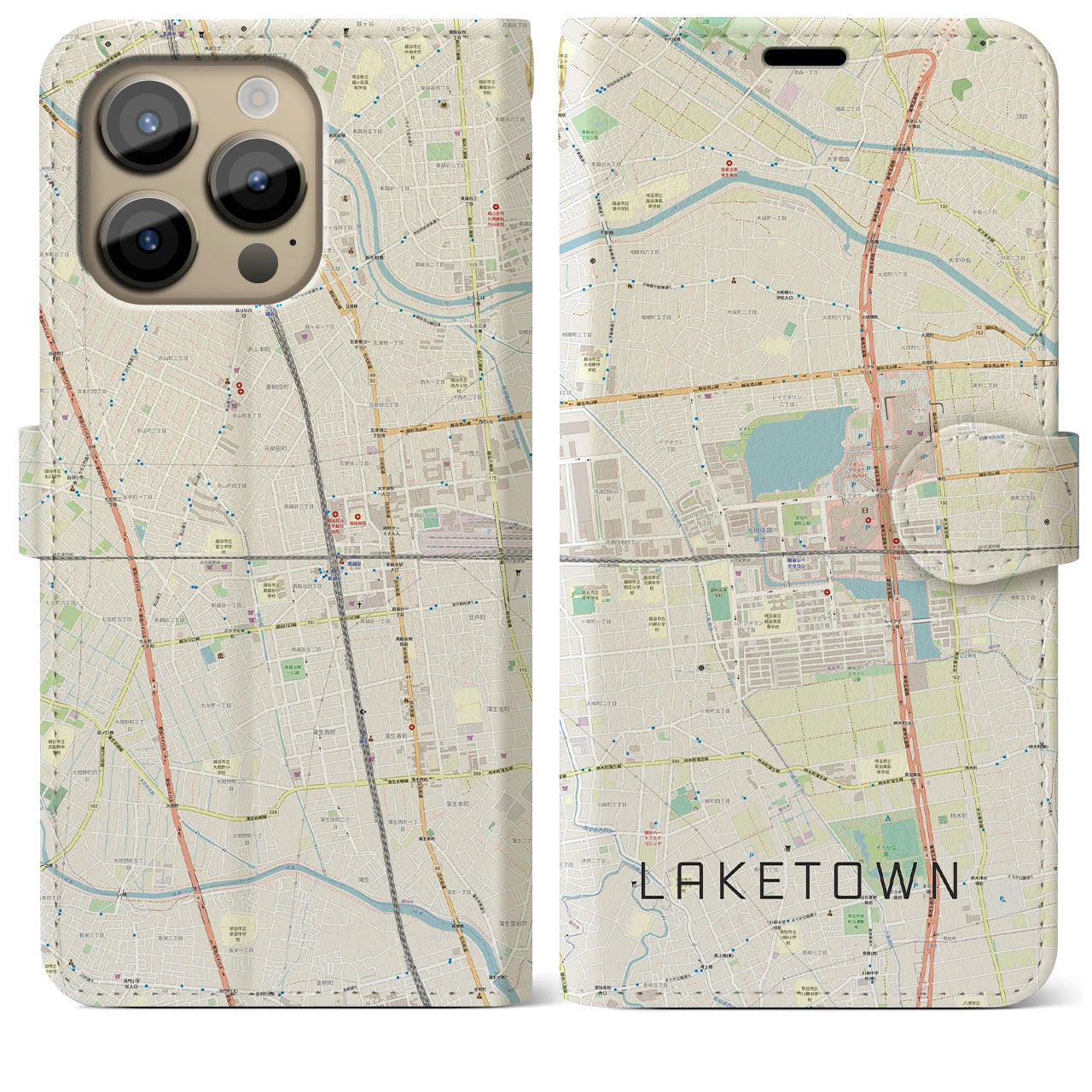 【越谷レイクタウン】地図柄iPhoneケース（手帳両面タイプ・ナチュラル）iPhone 14 Pro Max 用
