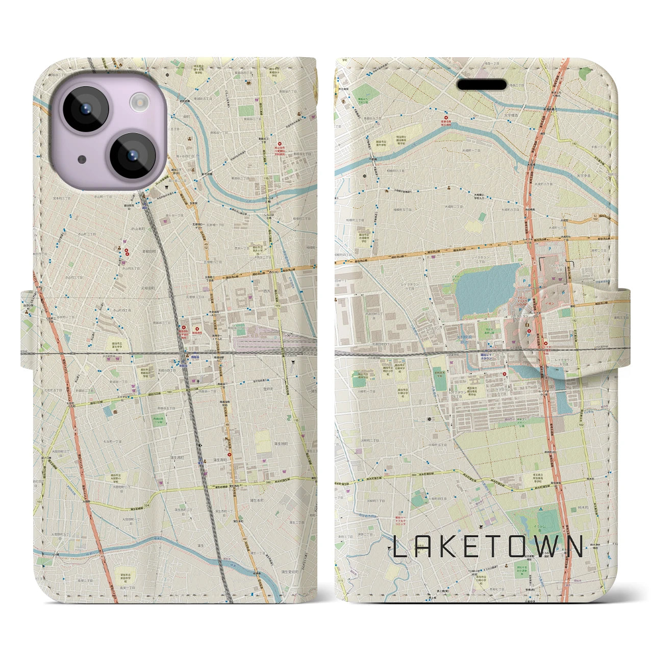 【越谷レイクタウン】地図柄iPhoneケース（手帳両面タイプ・ナチュラル）iPhone 14 用
