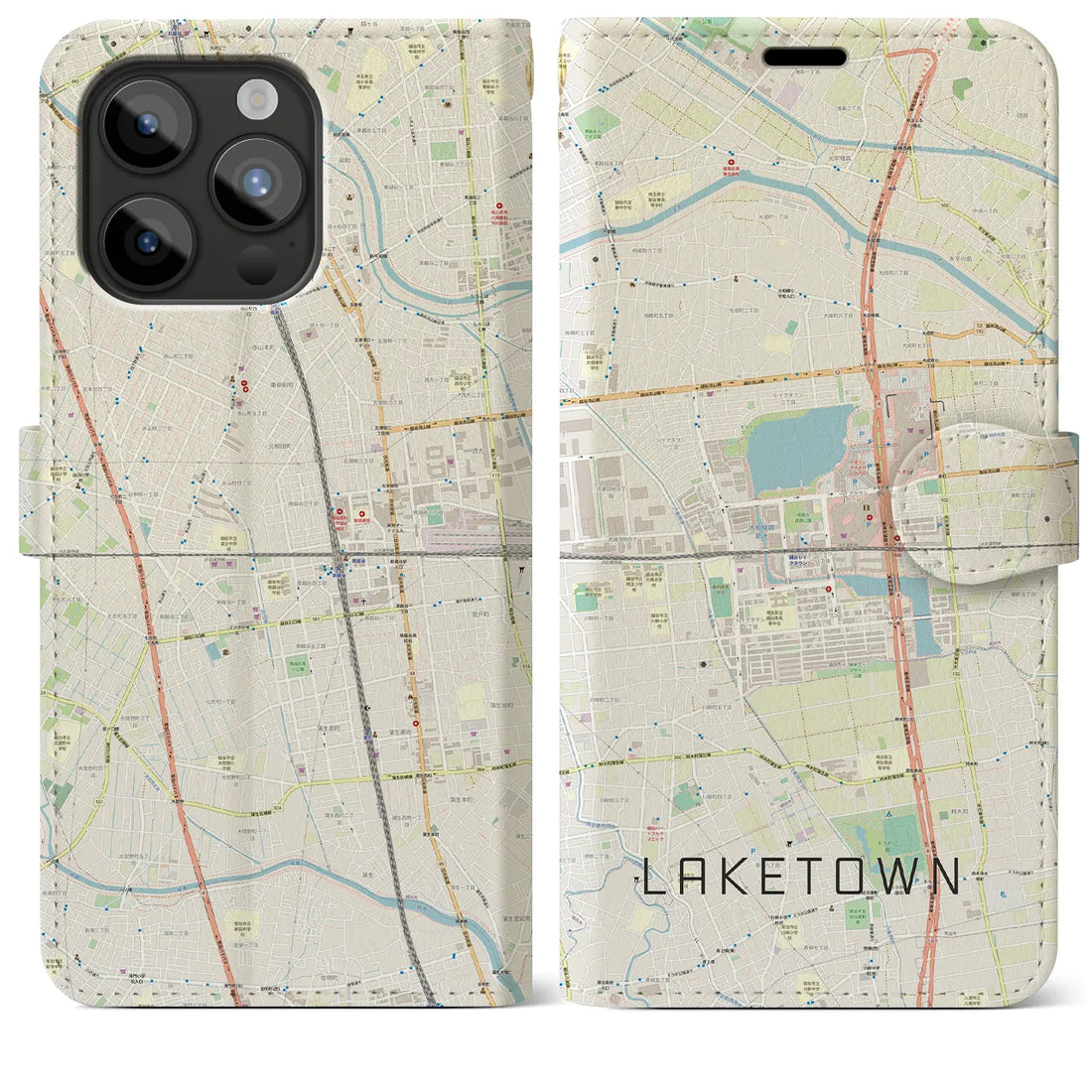 【越谷レイクタウン】地図柄iPhoneケース（手帳両面タイプ・ナチュラル）iPhone 15 Pro Max 用