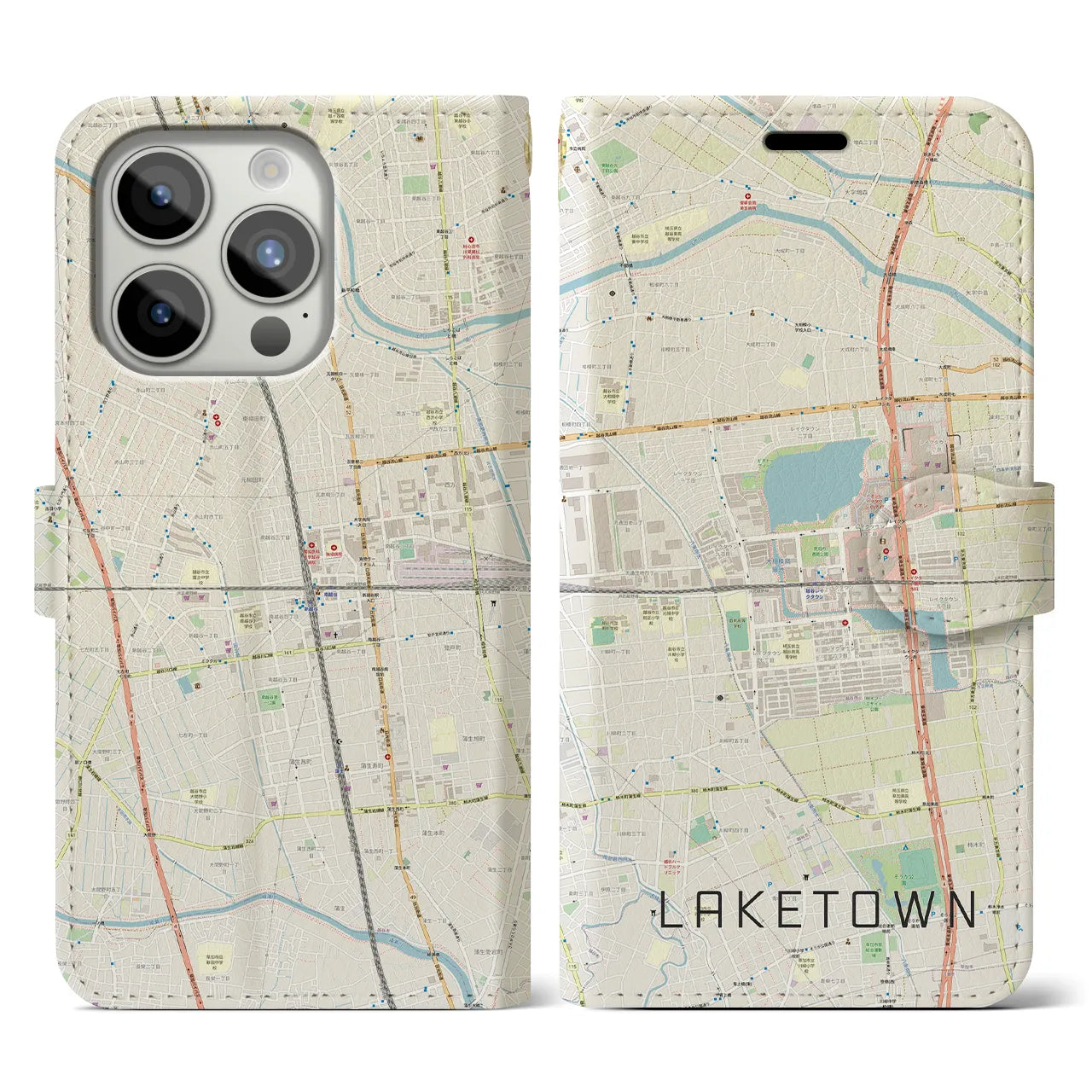 【越谷レイクタウン】地図柄iPhoneケース（手帳両面タイプ・ナチュラル）iPhone 15 Pro 用