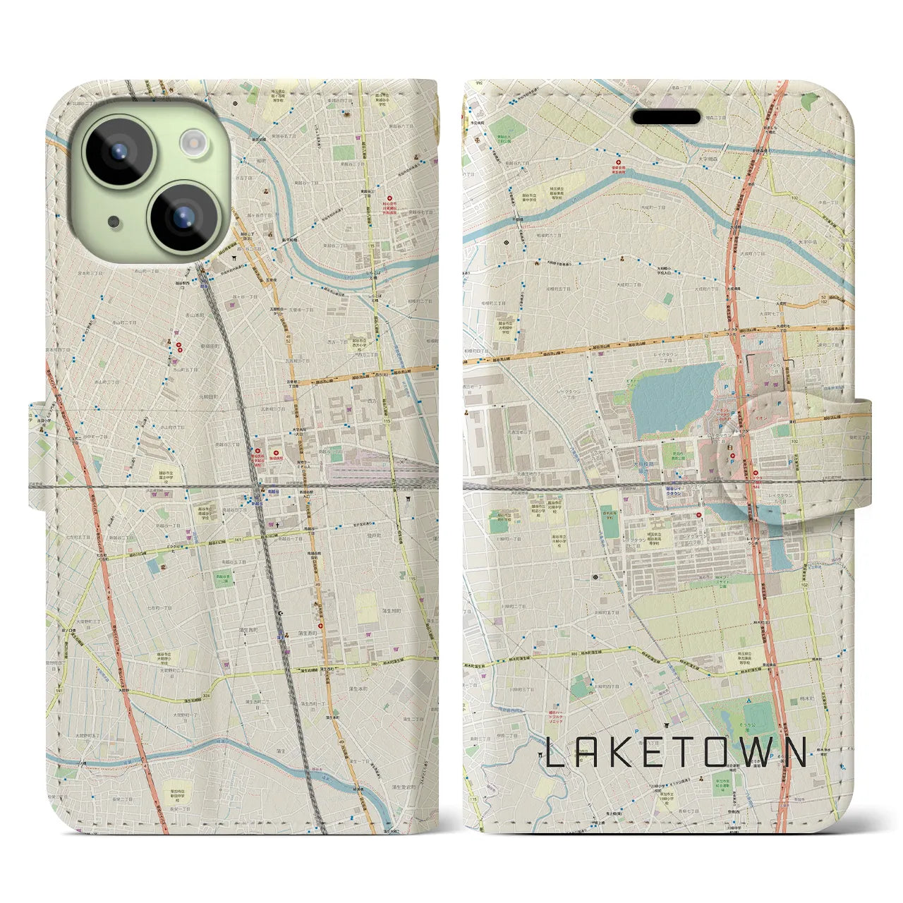 【越谷レイクタウン】地図柄iPhoneケース（手帳両面タイプ・ナチュラル）iPhone 15 用