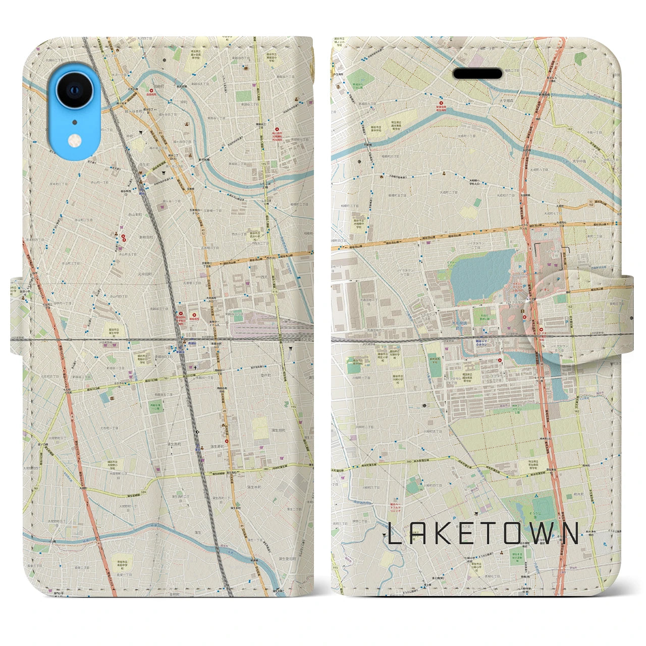 【越谷レイクタウン】地図柄iPhoneケース（手帳両面タイプ・ナチュラル）iPhone XR 用