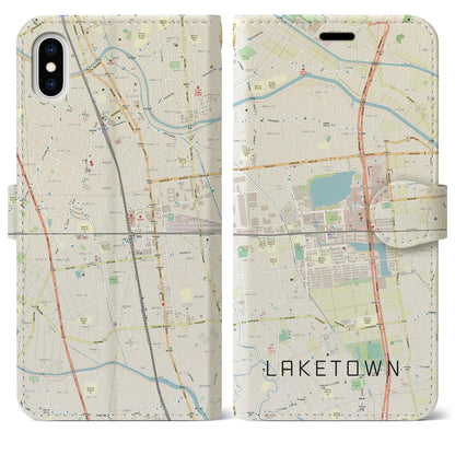 【越谷レイクタウン（埼玉県）】地図柄iPhoneケース（手帳タイプ）ナチュラル・iPhone XS Max 用