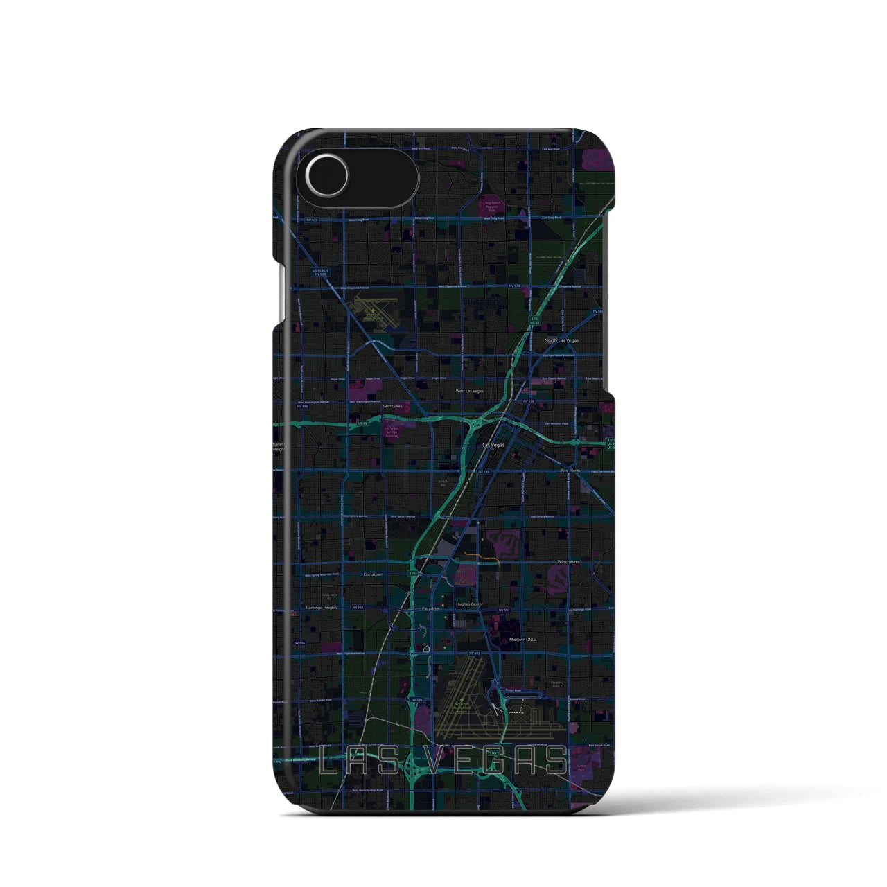 【ラスベガス】地図柄iPhoneケース（バックカバータイプ・ブラック）iPhone SE（第3 / 第2世代） / 8 / 7 / 6s / 6 用