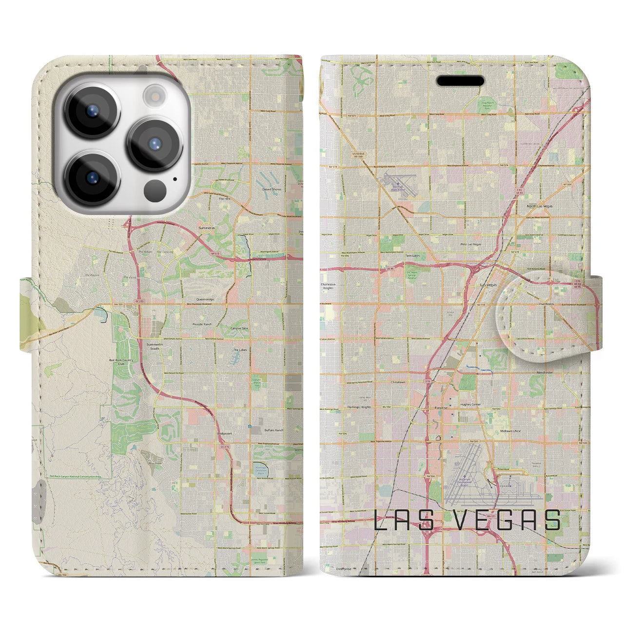 【ラスベガス】地図柄iPhoneケース（手帳両面タイプ・ナチュラル）iPhone 14 Pro 用