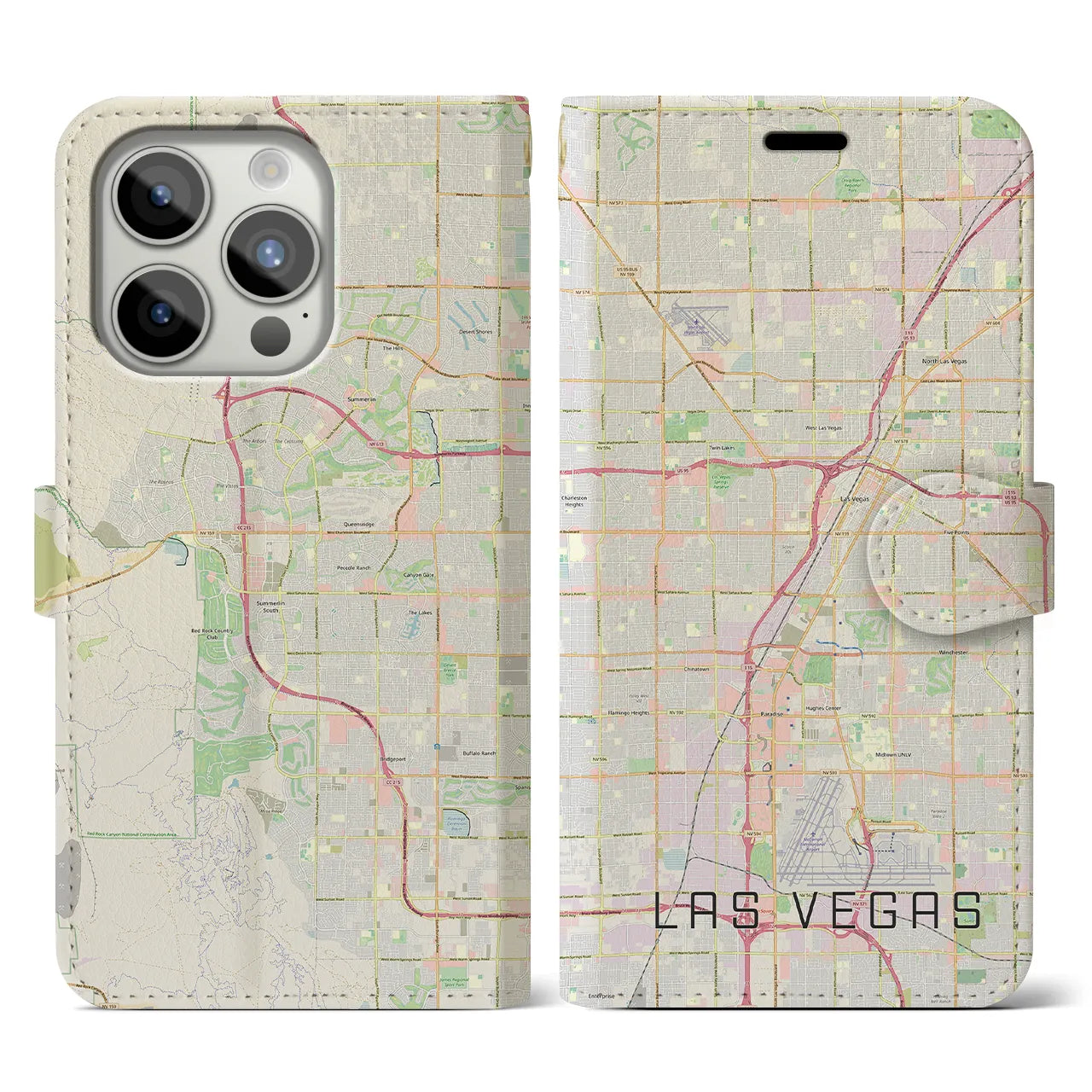 【ラスベガス】地図柄iPhoneケース（手帳両面タイプ・ナチュラル）iPhone 15 Pro 用