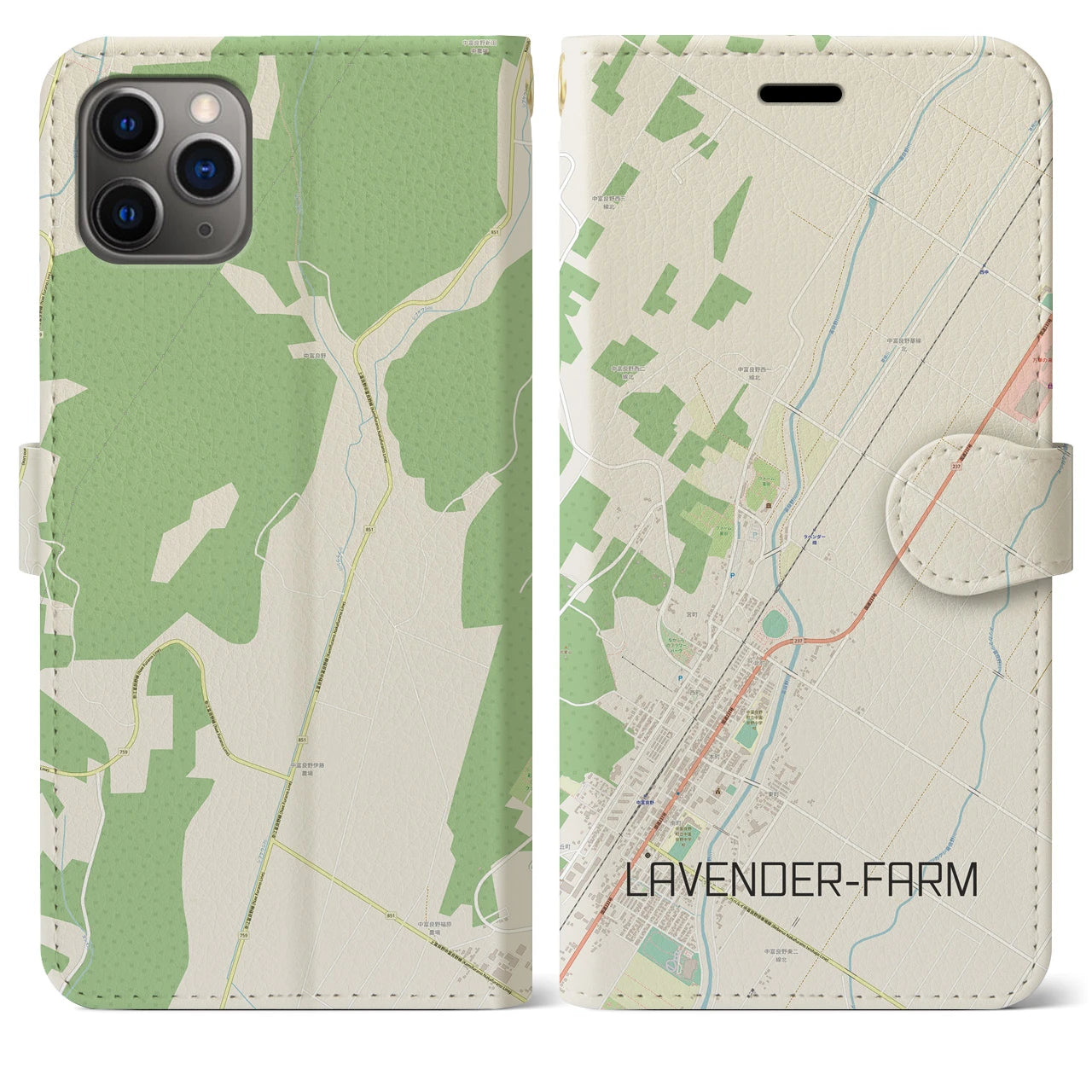 【ラベンダー畑】地図柄iPhoneケース（手帳両面タイプ・ナチュラル）iPhone 11 Pro Max 用