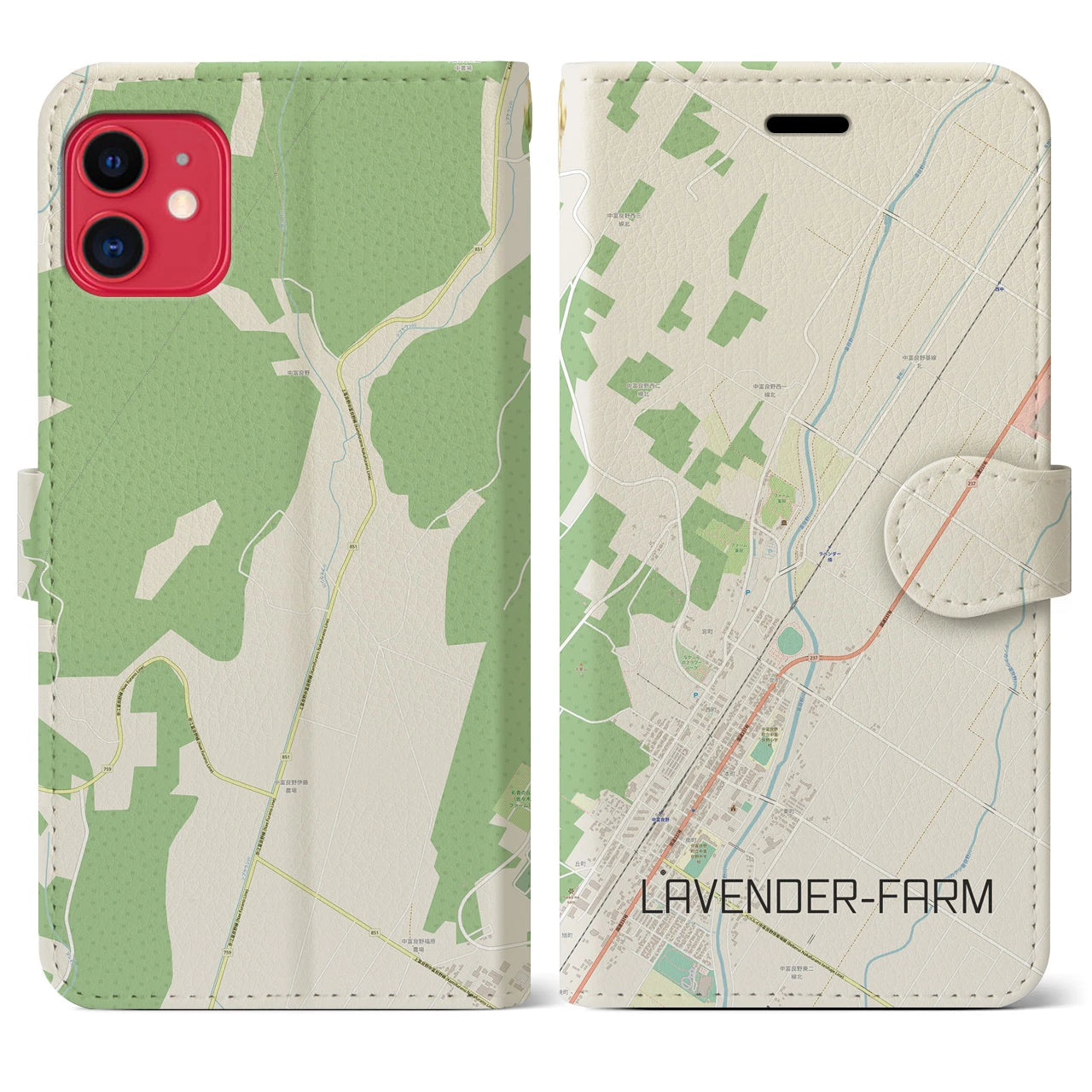 【ラベンダー畑】地図柄iPhoneケース（手帳両面タイプ・ナチュラル）iPhone 11 用
