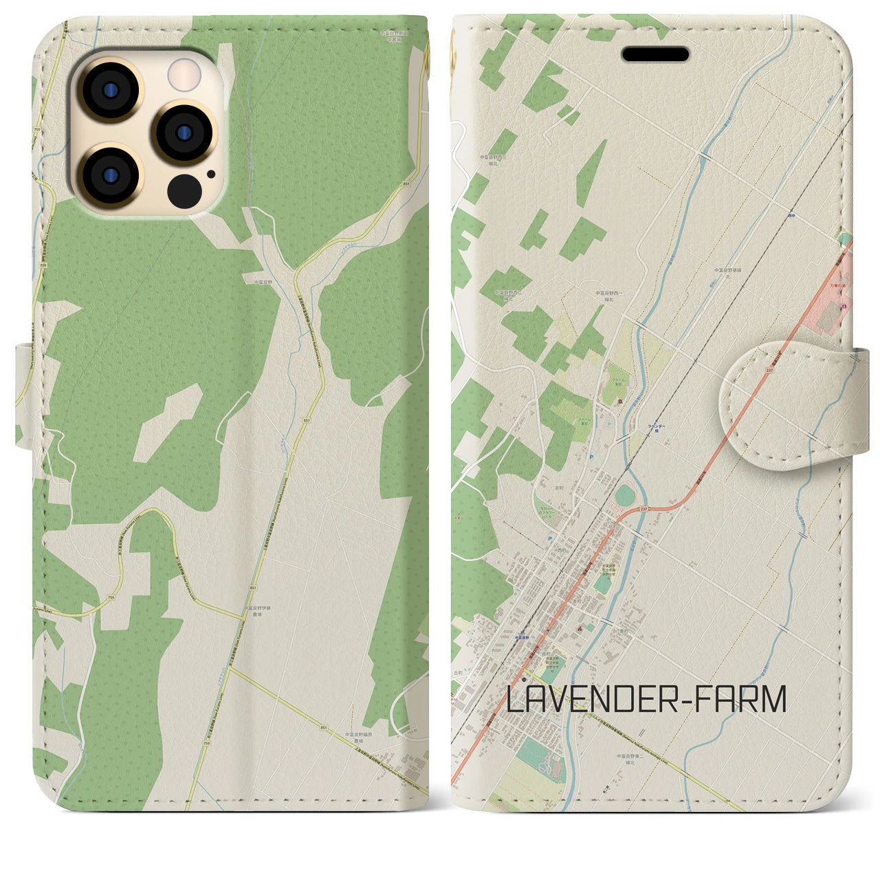 【ラベンダー畑】地図柄iPhoneケース（手帳両面タイプ・ナチュラル）iPhone 12 Pro Max 用